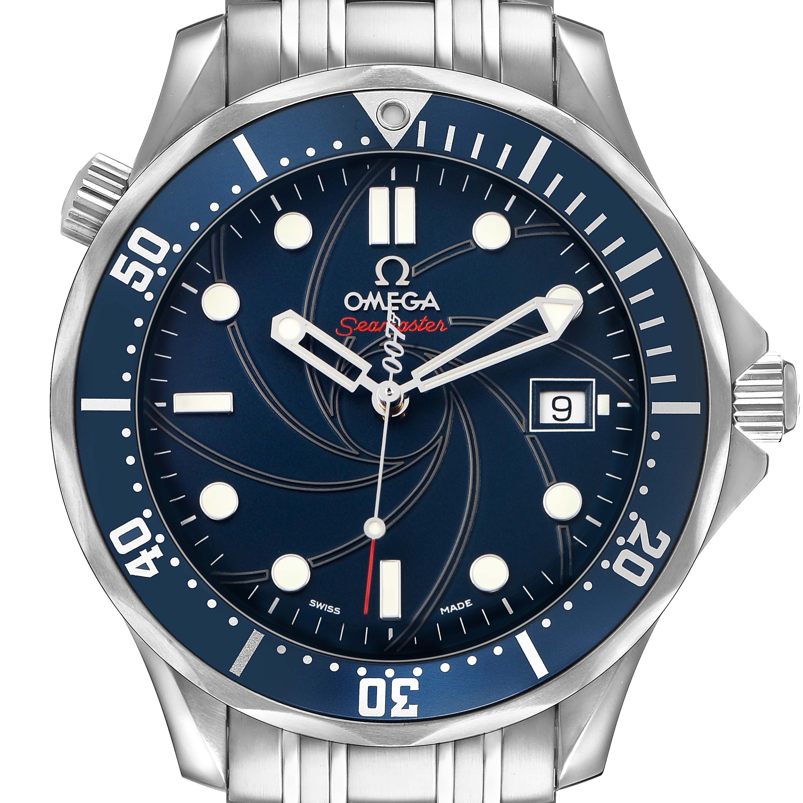 The image shows a front view of an Omega Seamaster 2226.80.00 Men's Stainless Steel Blue Dial watch, highlighting the dial, bezel, and bracelet.
