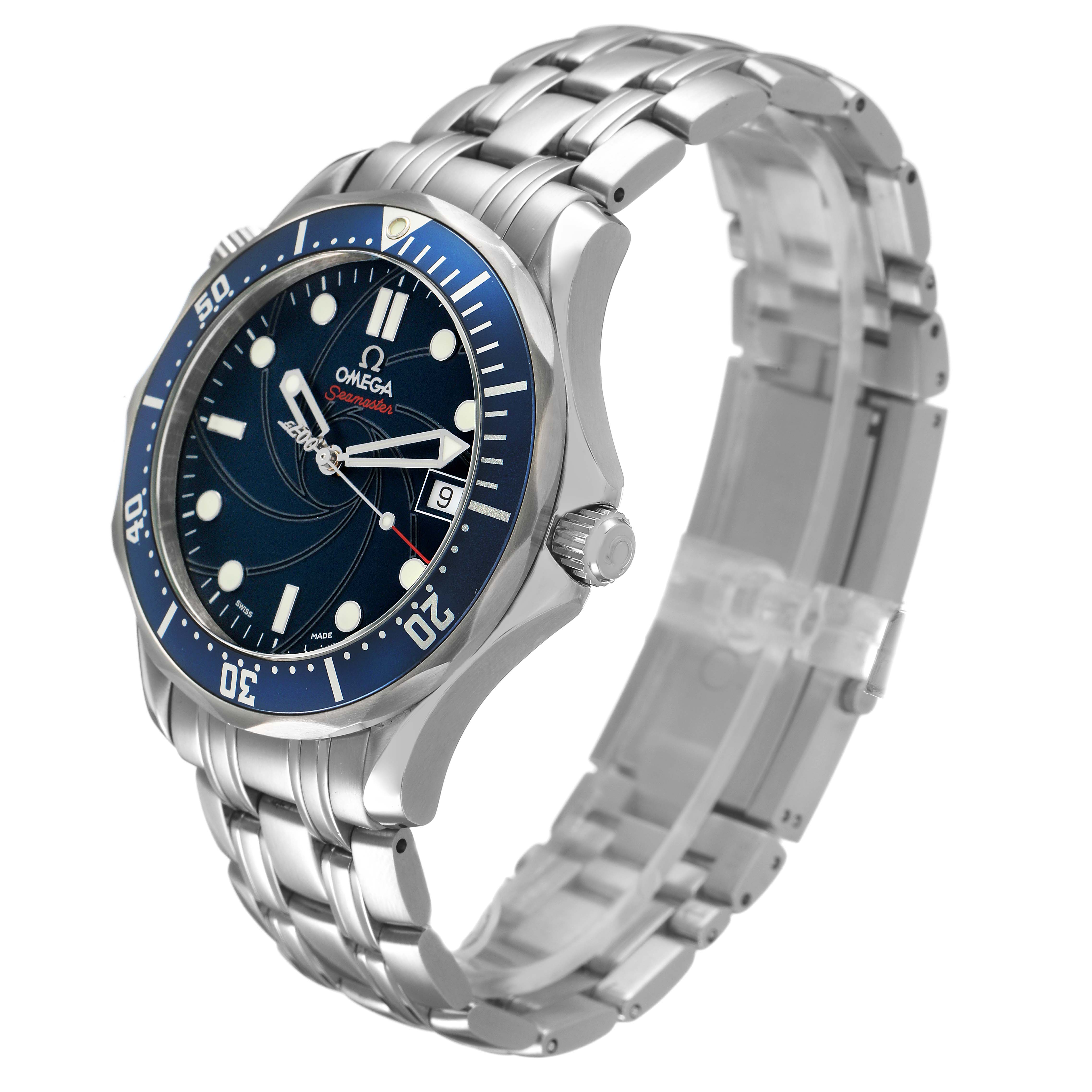 The Omega Seamaster 2226.80.00 Men's Stainless Steel Blue Dial watch is shown at a three-quarter angle, highlighting the dial, bezel, crown, and bracelet.