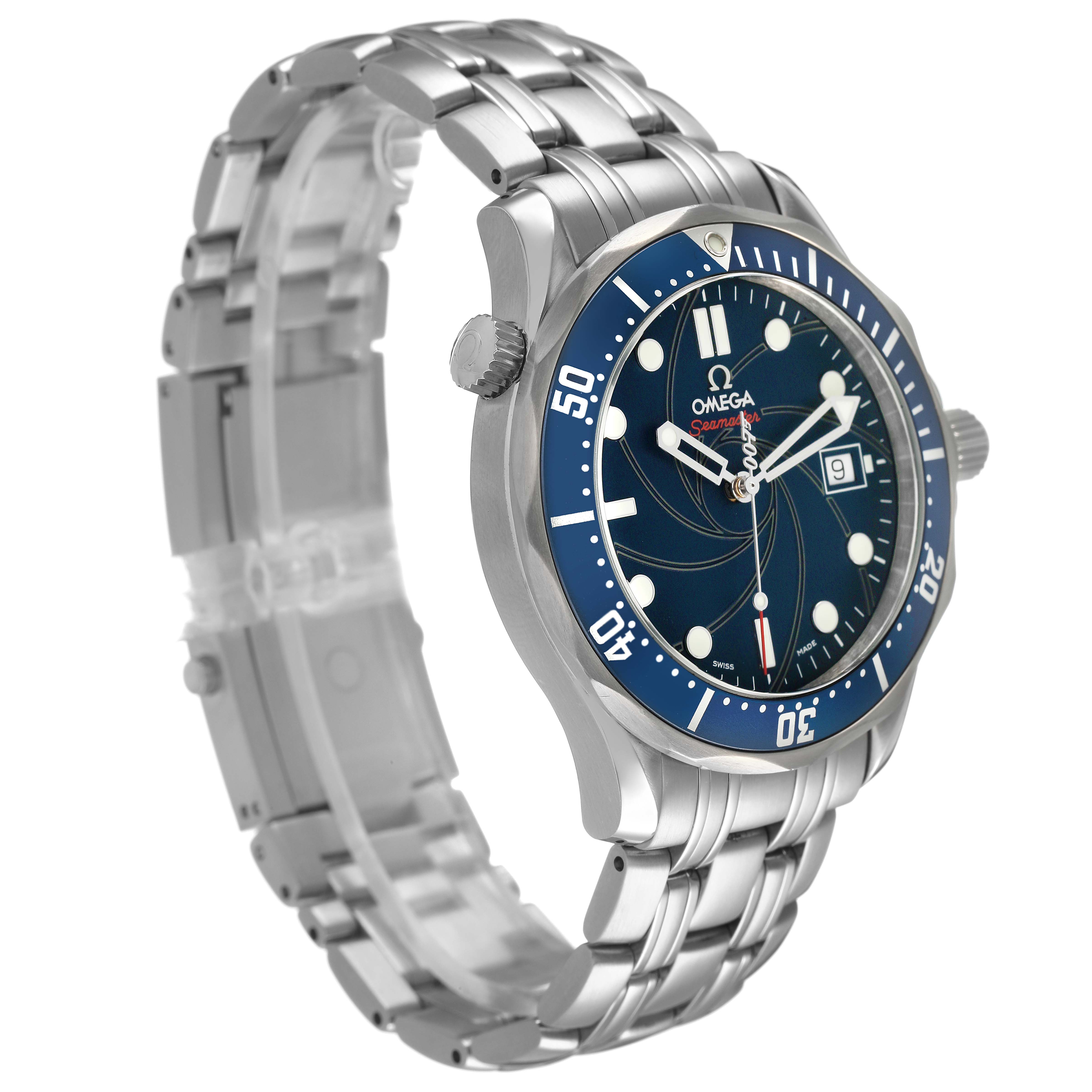 The Omega Seamaster 2226.80.00 Men's Stainless Steel Blue Dial watch is shown at a three-quarter angle, highlighting its face, bezel, and metal bracelet.