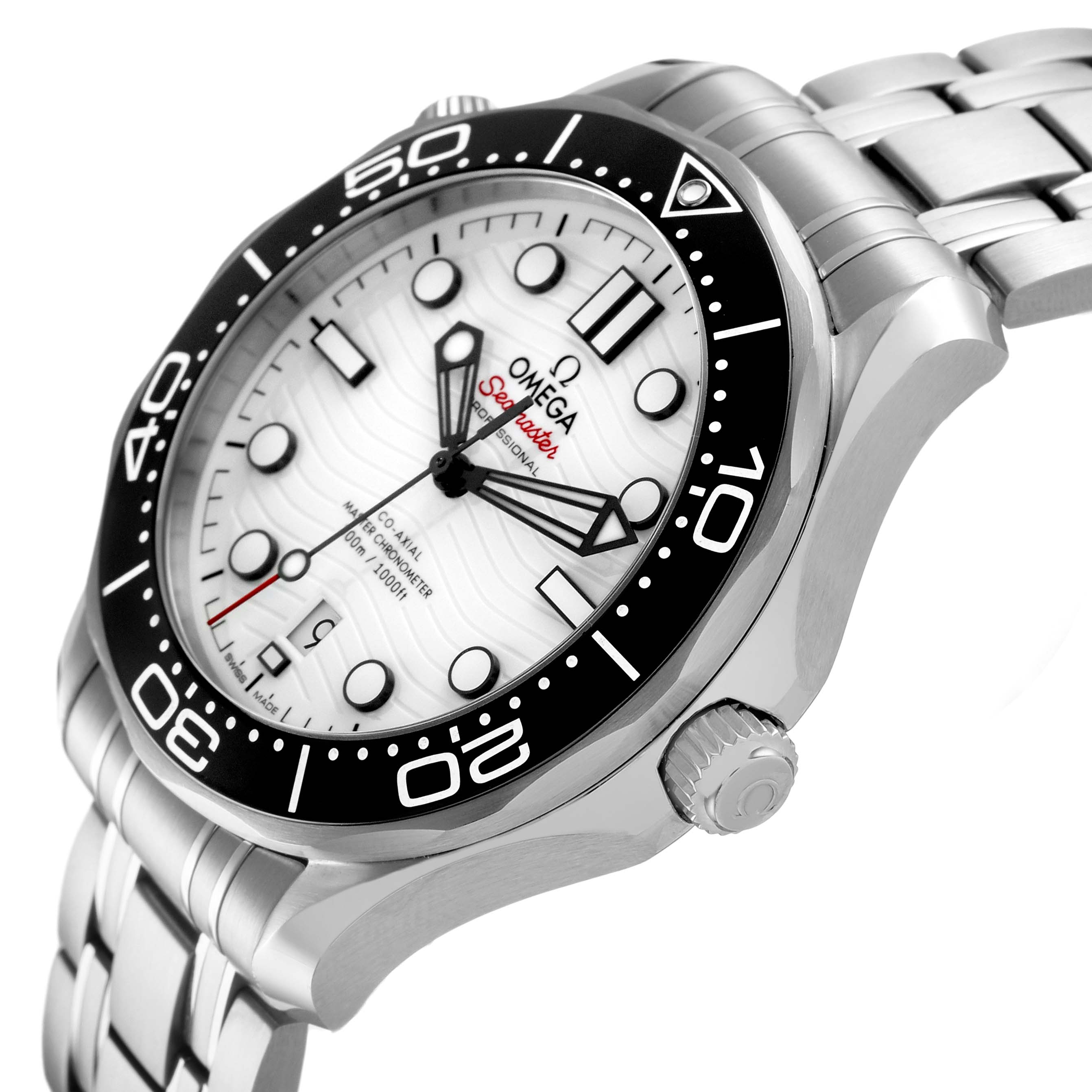 The Omega Seamaster 210.32.42.20.04.001 Men's Stainless Steel White Dial watch is shown at a side angle highlighting the dial, bezel, bracelet, and crown.