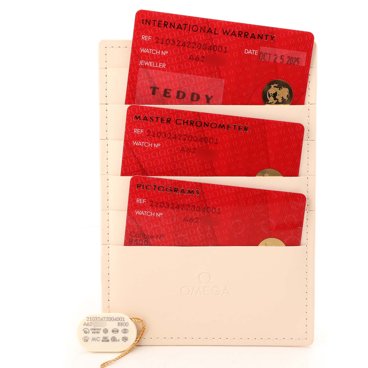 The image shows the warranty cards and accessories for an Omega Seamaster 210.32.42.20.04.001 Men's Stainless Steel White Dial, neatly organized in a leather cardholder.