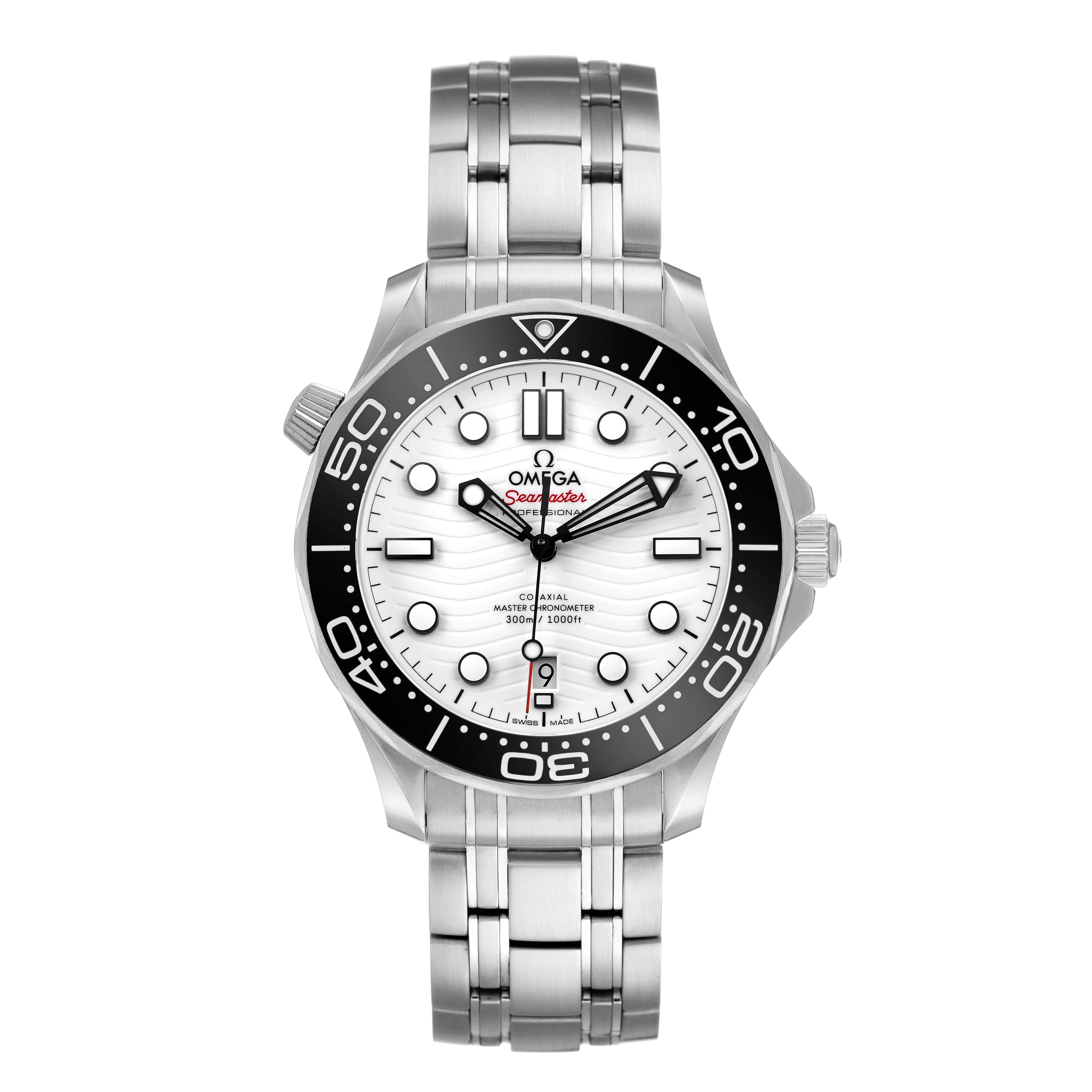 The Omega Seamaster 210.32.42.20.04.001 Men's Stainless Steel White Dial watch is shown from a front angle, displaying the dial, bezel, and bracelet.