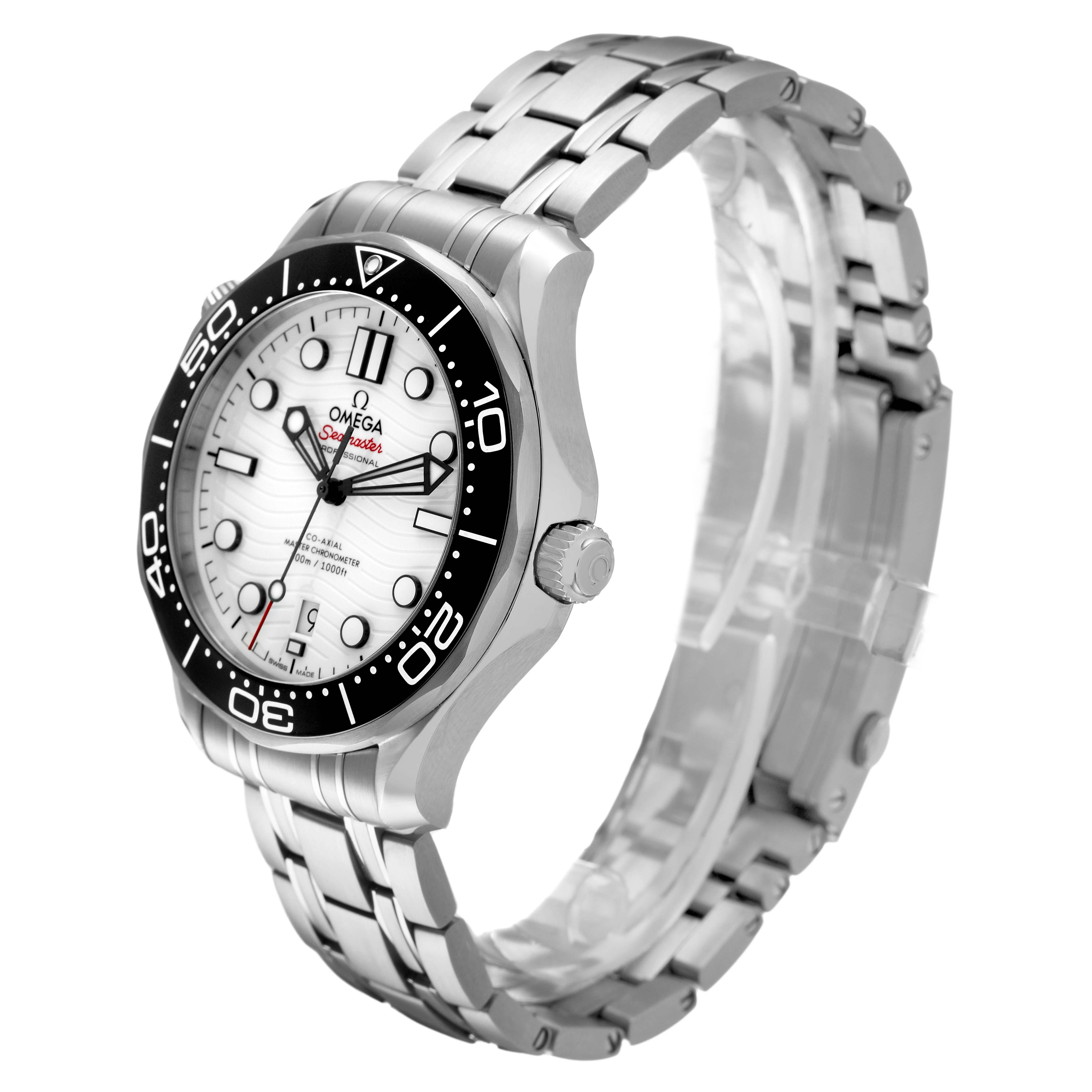 The Omega Seamaster 210.32.42.20.04.001 Men's Stainless Steel White Dial watch is shown at a three-quarter angle, highlighting the face, bezel, and metal bracelet.