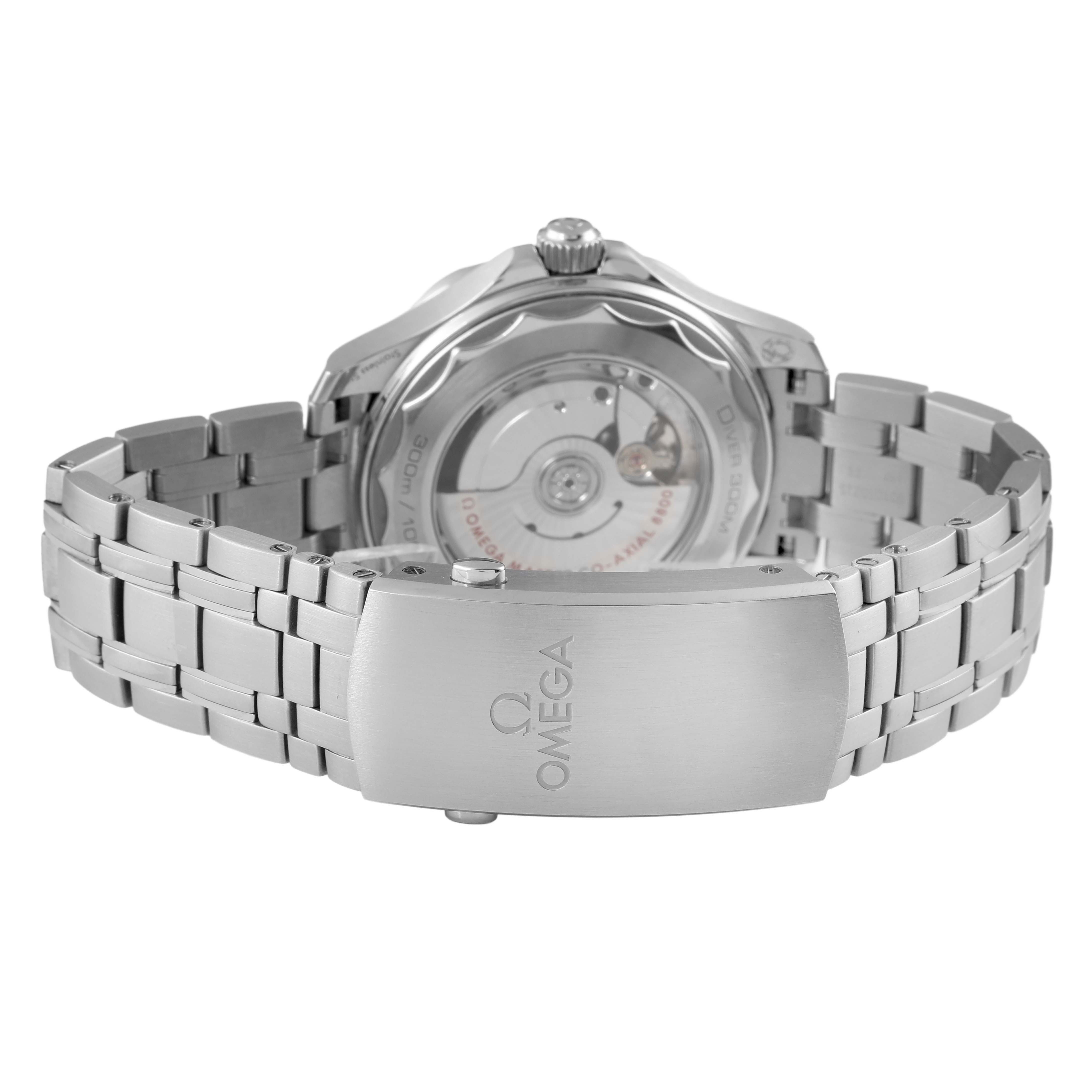 The image shows the back of an Omega Seamaster 210.32.42.20.04.001 Men's Stainless Steel White Dial watch, highlighting the open case back and metal bracelet clasp.