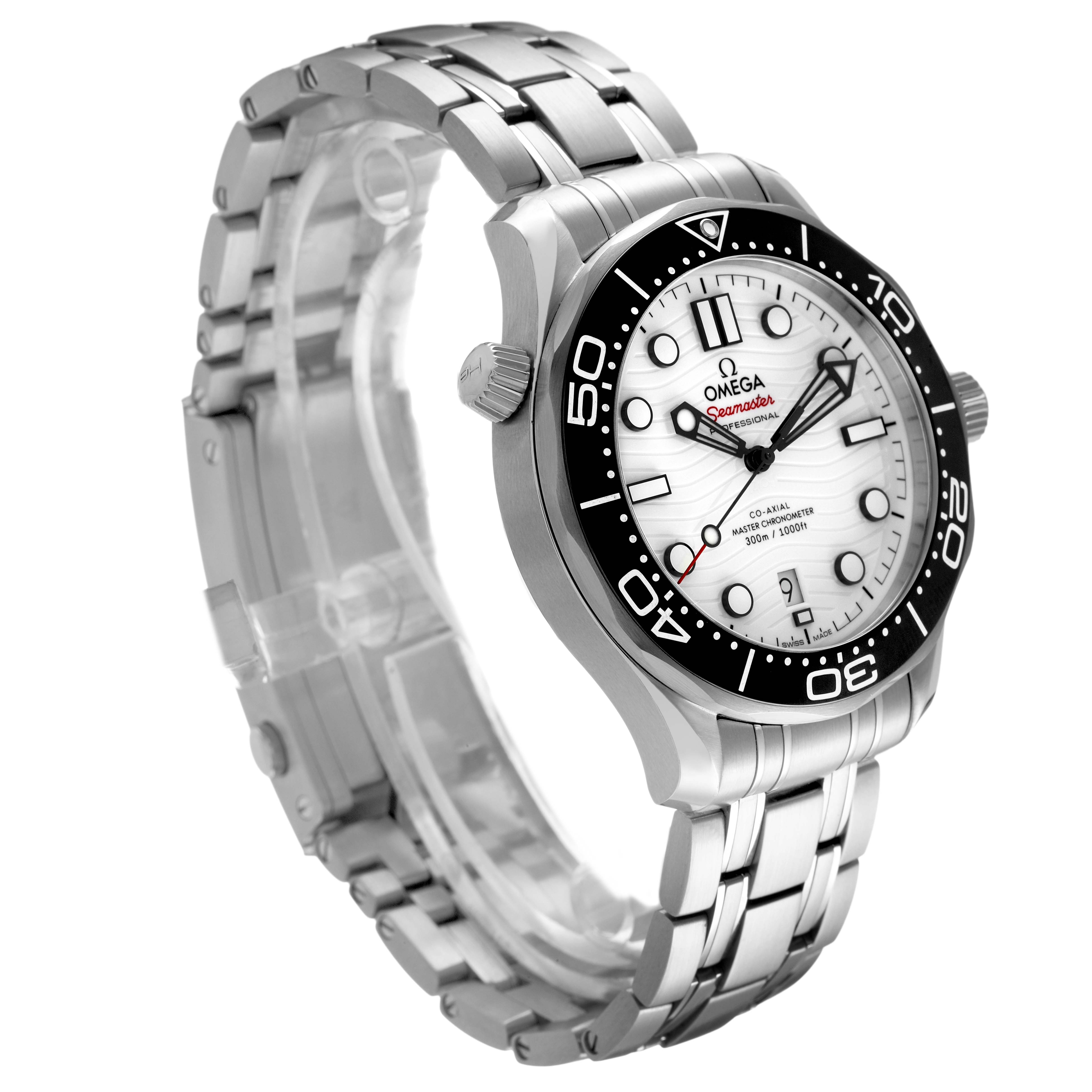The Omega Seamaster 210.32.42.20.04.001 Men's Stainless Steel White Dial watch is shown from an angled side view, highlighting the face, bezel, bracelet, and crown.