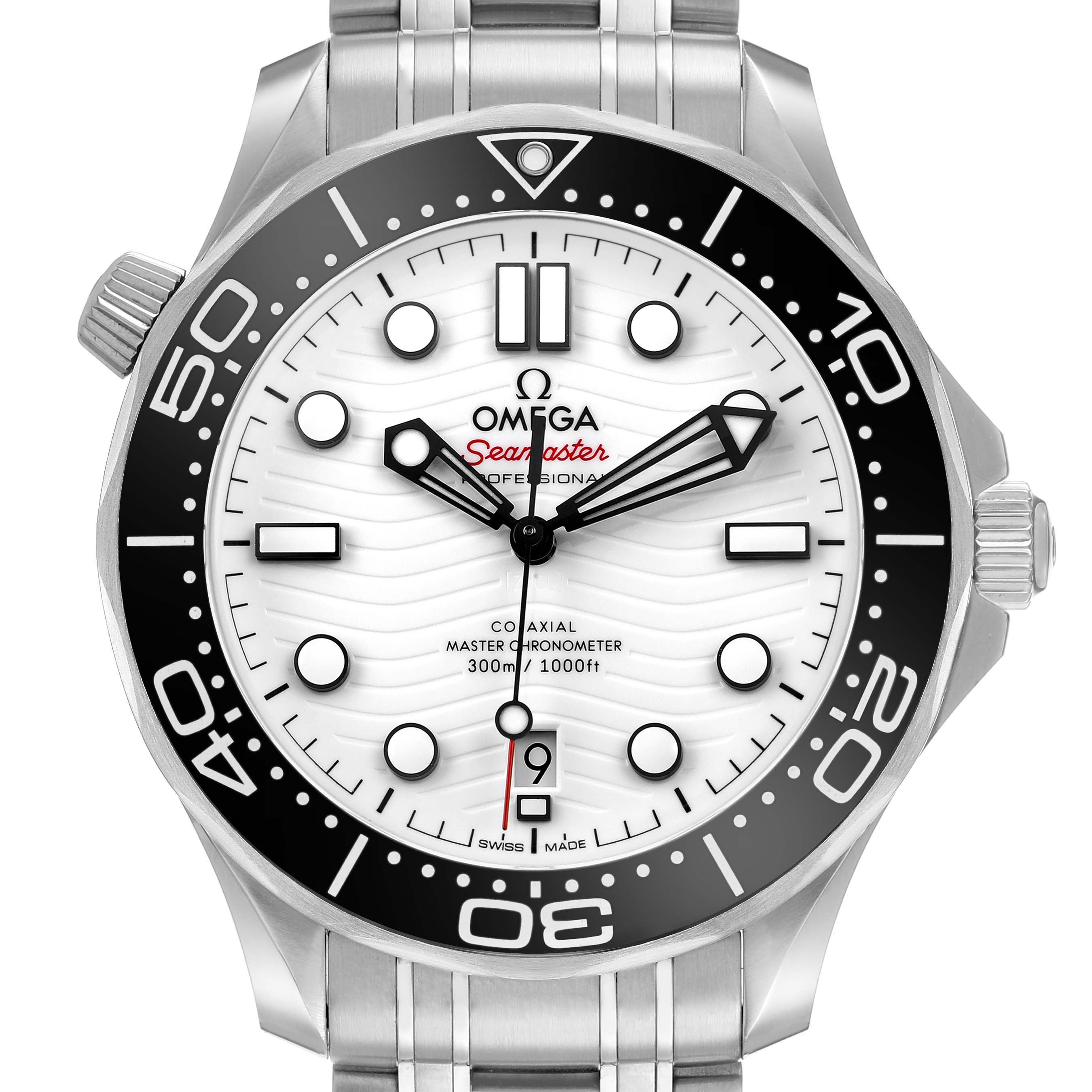 The image shows a front view of the Omega Seamaster 210.32.42.20.04.001 Men's Stainless Steel White Dial model, highlighting its dial, hands, and bezel.