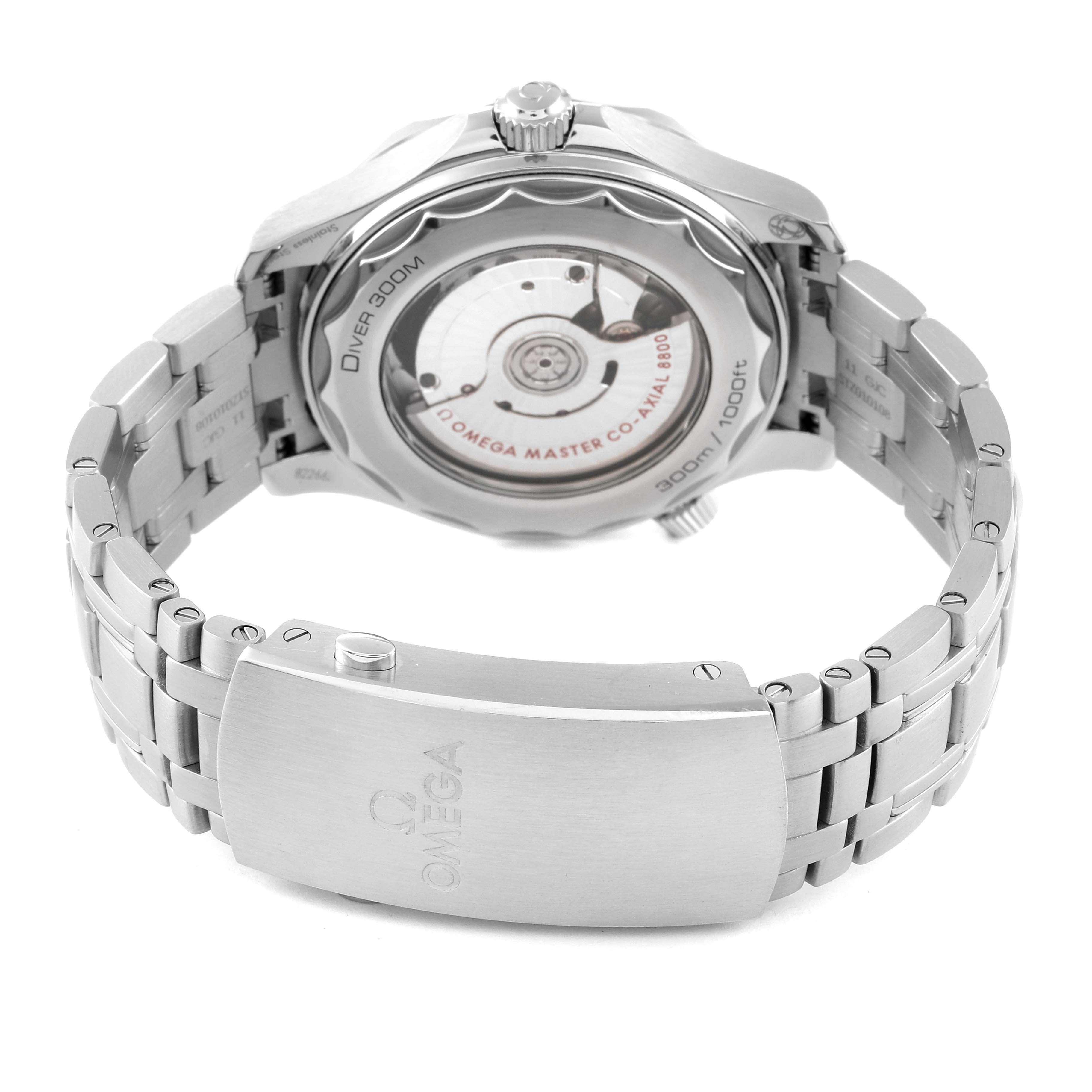 The image shows the back view of an Omega Seamaster 210.30.42.20.03.001 Men's Stainless Steel Blue Dial 210.30.42.20.03.001 Men's Stainless Steel Blue Dial watch, highlighting its automatic movement and stainless steel bracelet.