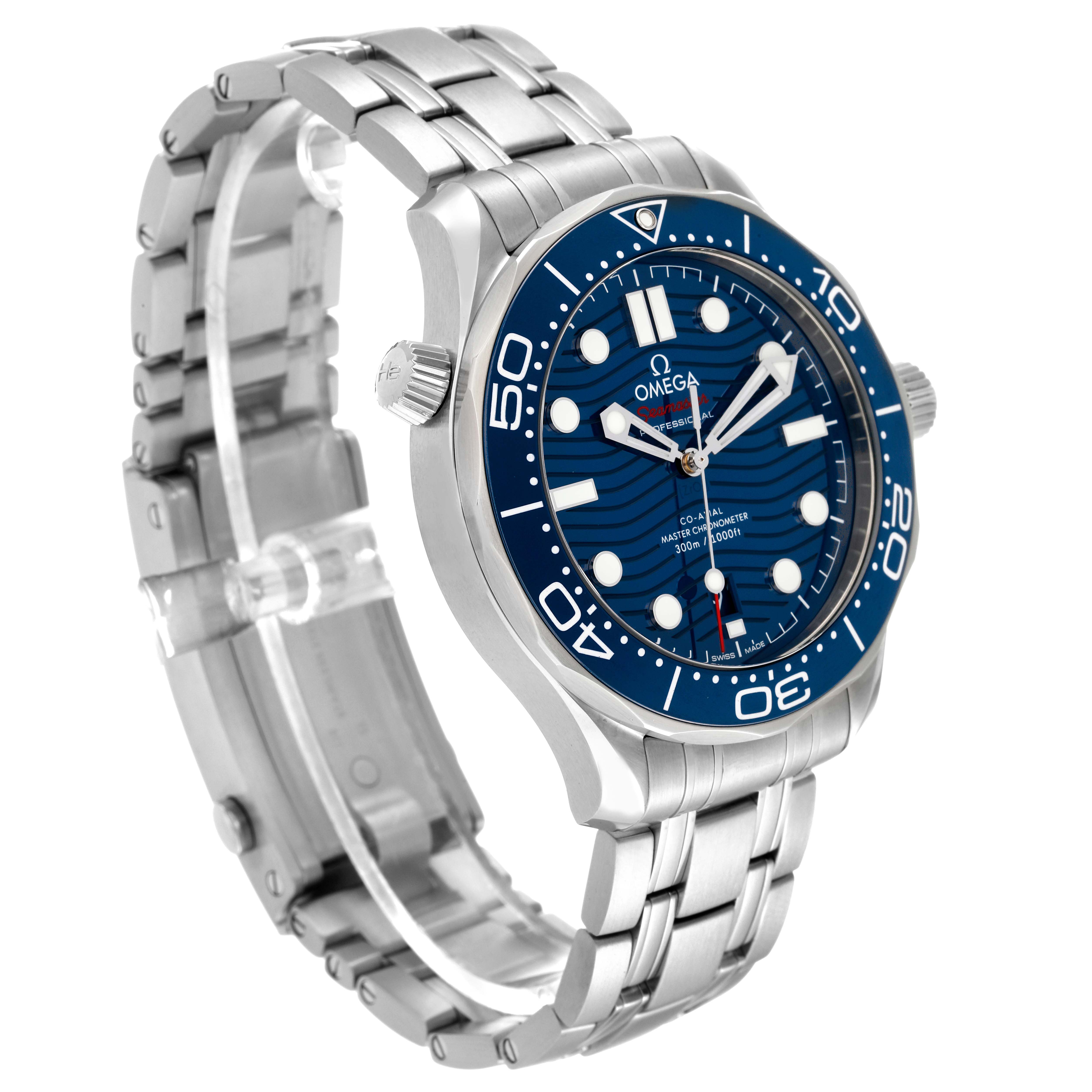 The Omega Seamaster 210.30.42.20.03.001 Men's Stainless Steel Blue Dial 210.30.42.20.03.001 Men's Stainless Steel Blue Dial watch is shown at a three-quarter angle, displaying its dial, bezel, case, bracelet, and crown.