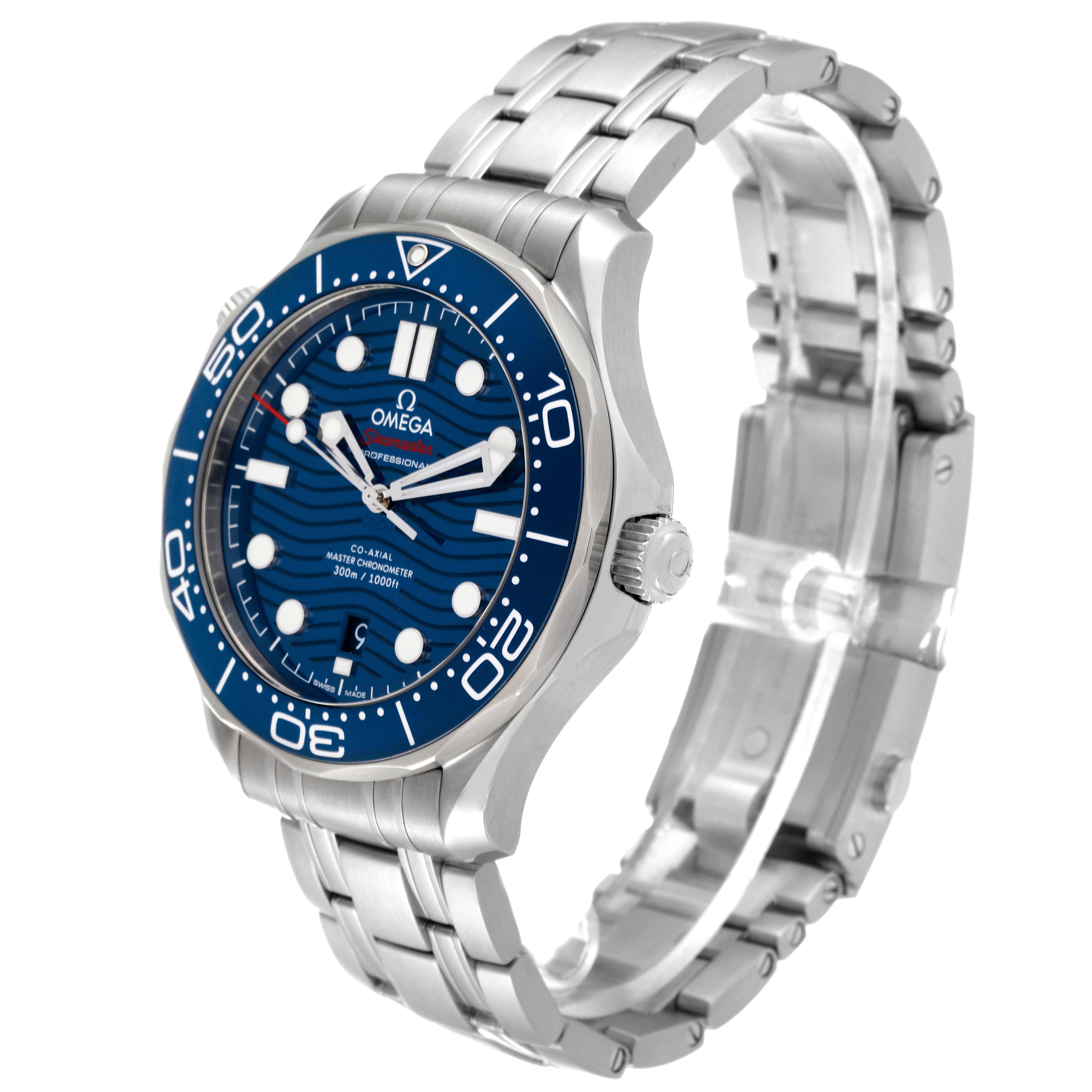 The Omega Seamaster 210.30.42.20.03.001 Men's Stainless Steel Blue Dial 210.30.42.20.03.001 Men's Stainless Steel Blue Dial watch is shown at a three-quarter angle, highlighting the face, bezel, crown, and stainless steel bracelet.