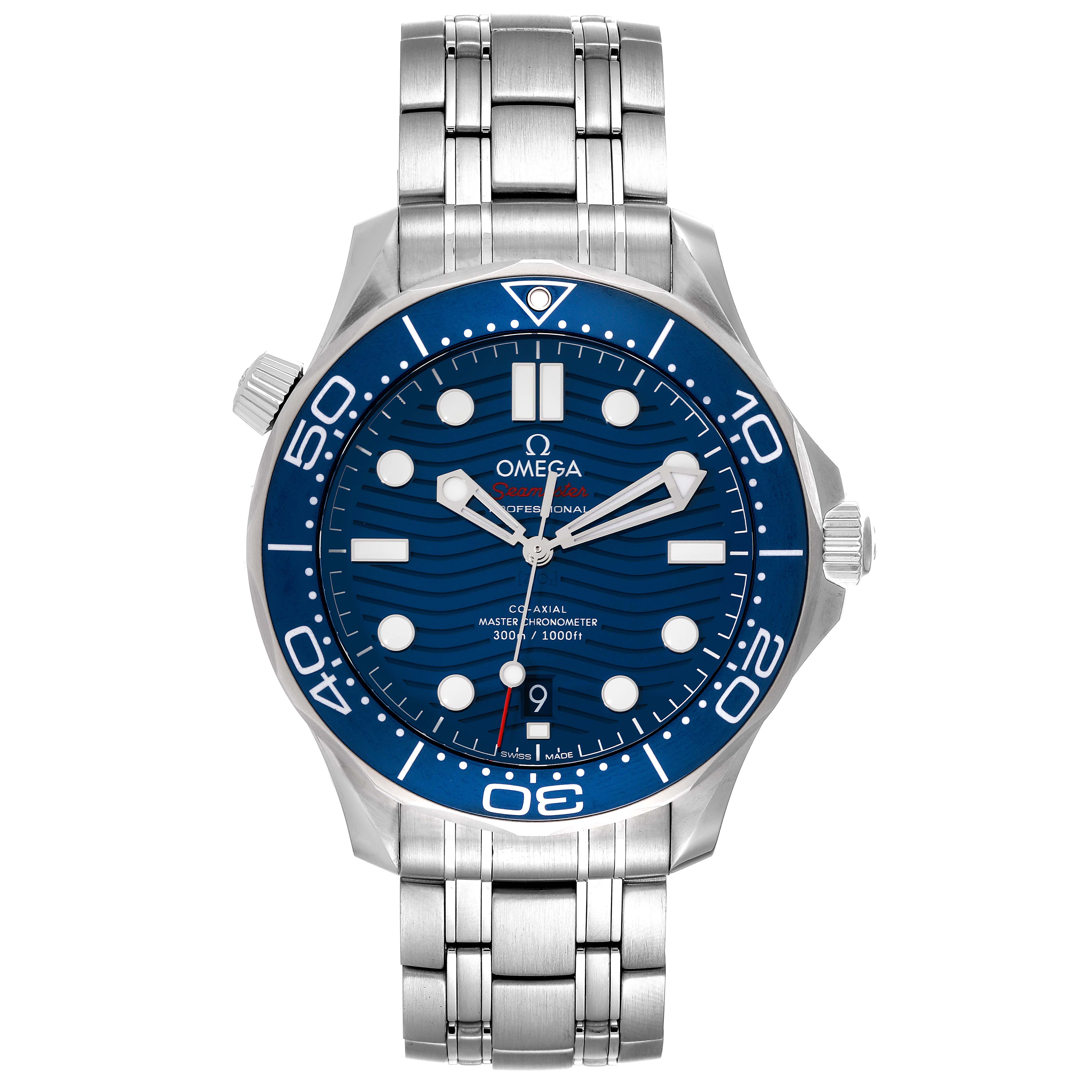The image shows a full front view of an Omega Seamaster 210.30.42.20.03.001 Men's Stainless Steel Blue Dial 210.30.42.20.03.001 Men's Stainless Steel Blue Dial watch, including its face, bezel, crown, and bracelet.