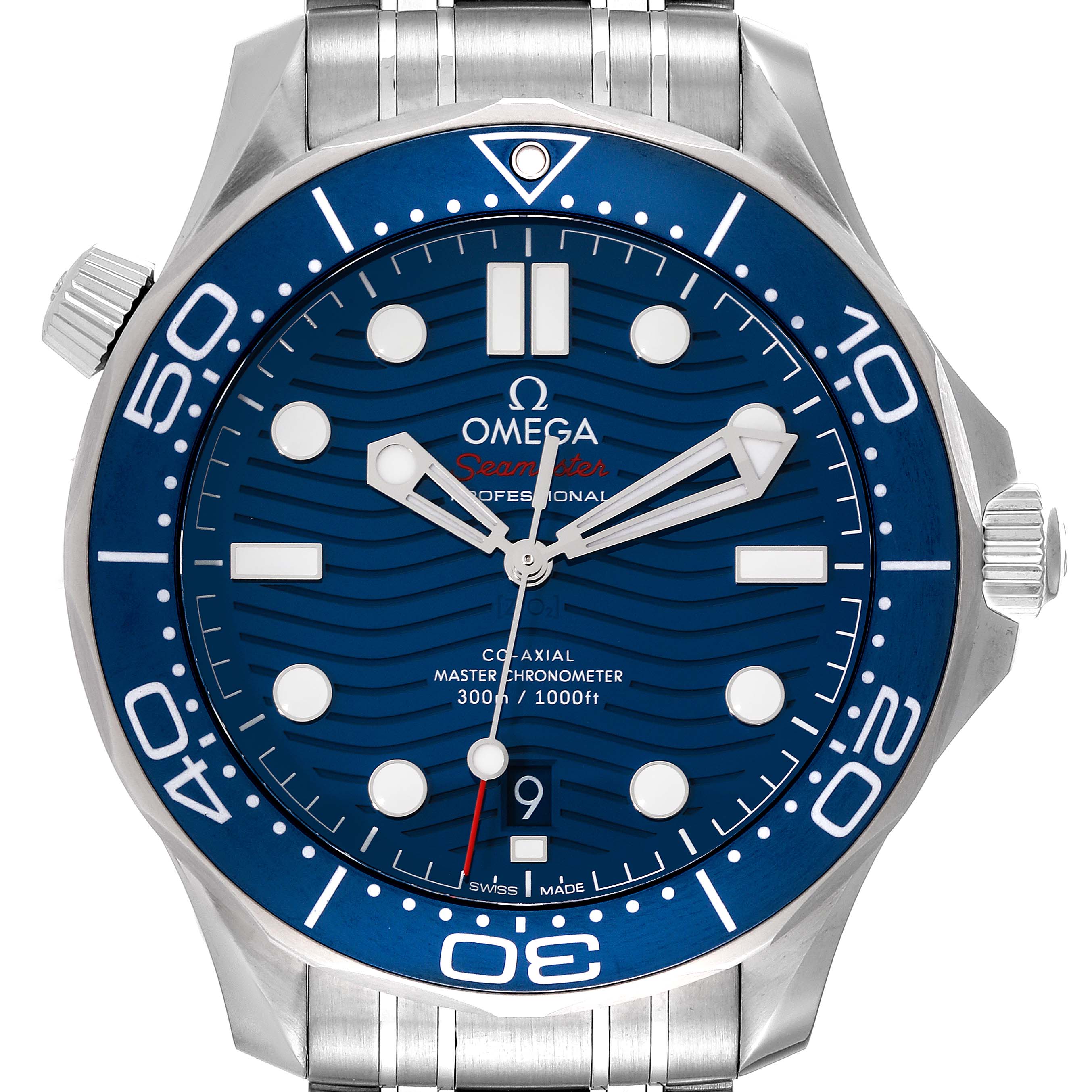 This image shows a front view of the Omega Seamaster 210.30.42.20.03.001 Men's Stainless Steel Blue Dial 210.30.42.20.03.001 Men's Stainless Steel Blue Dial watch, focusing on the dial, hands, bezel, and part of the bracelet.