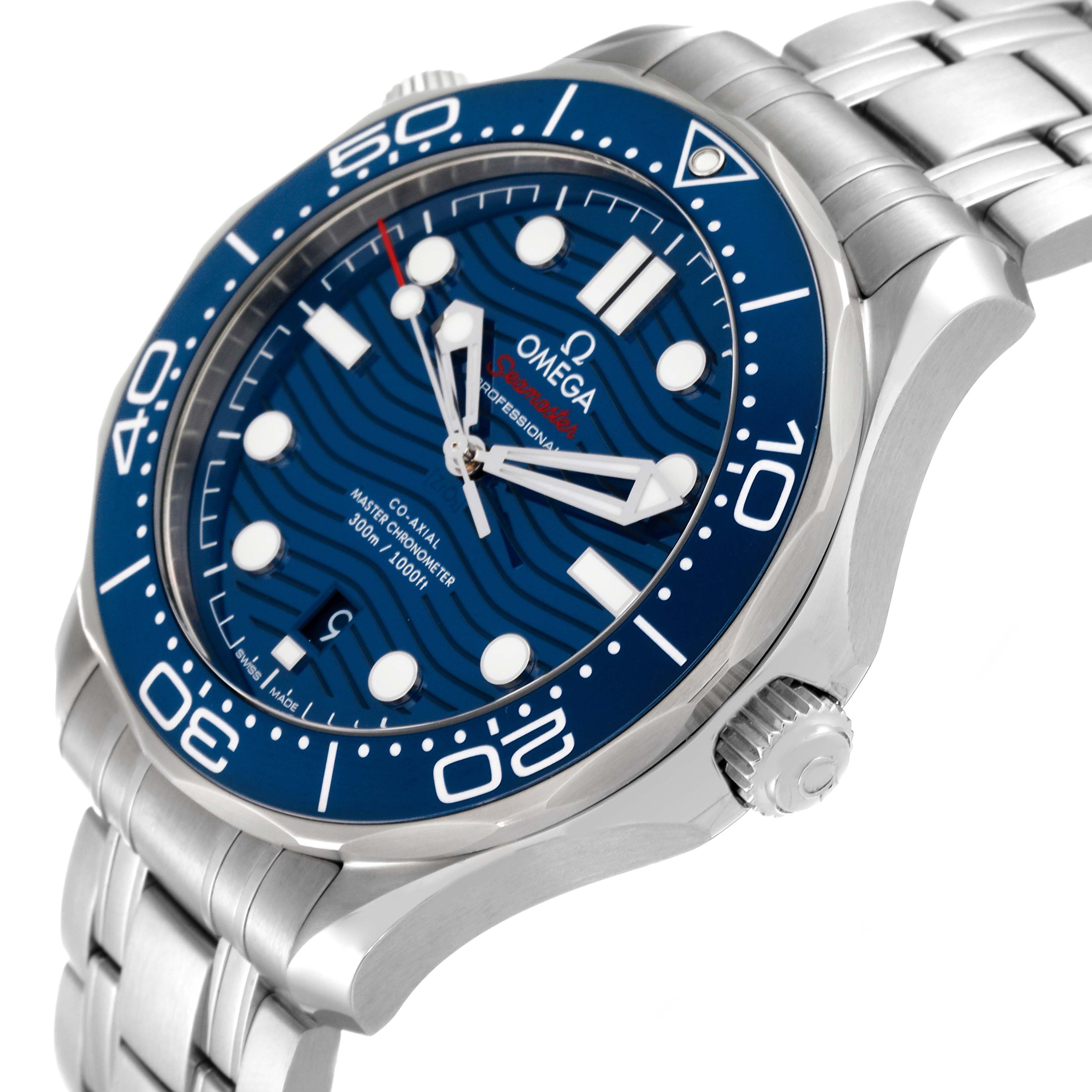 This image shows an angled close-up of the Omega Seamaster 210.30.42.20.03.001 Men's Stainless Steel Blue Dial 210.30.42.20.03.001 Men's Stainless Steel Blue Dial watch, highlighting its dial, bezel, crown, and part of its stainless steel bracelet.