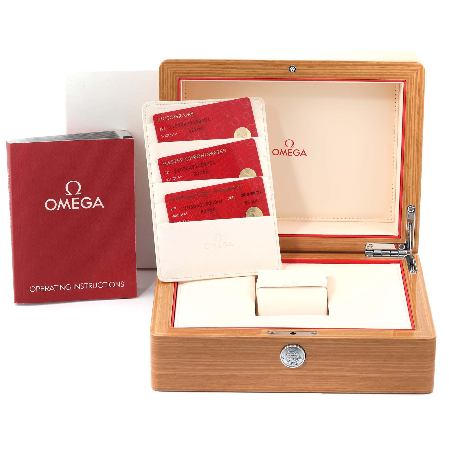 The image shows an Omega Seamaster 210.30.42.20.03.001 Men's Stainless Steel Blue Dial 210.30.42.20.03.001 Men's Stainless Steel Blue Dial watch box, operating instructions, and certification cards.