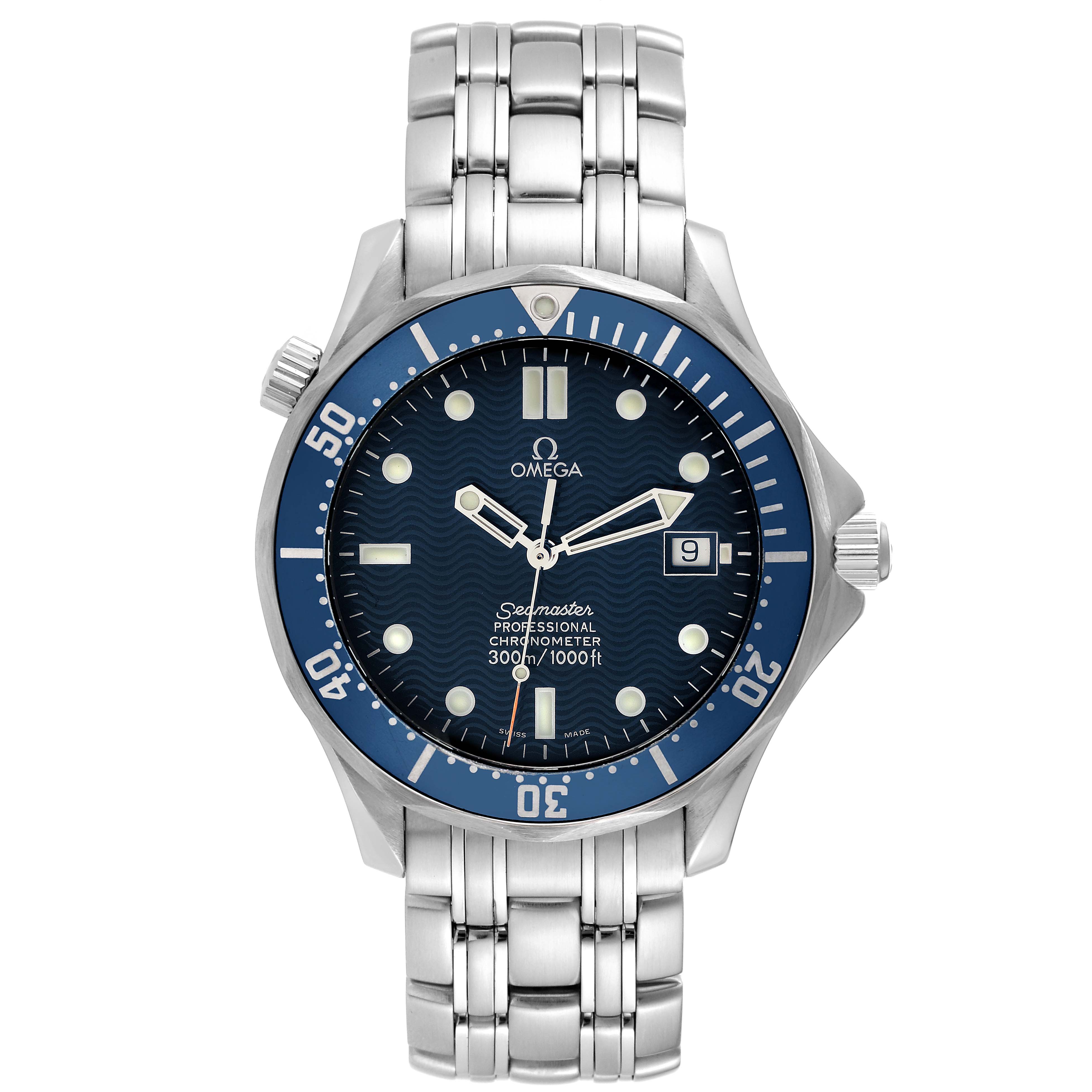This Omega Seamaster 2531.80.00 Men
s Stainless Steel Blue Dial 2531.80.00 Men
s Stainless Steel Blue Dial watch is shown from the front, displaying its dial, hands, bezel, crown, and stainless steel bracelet.