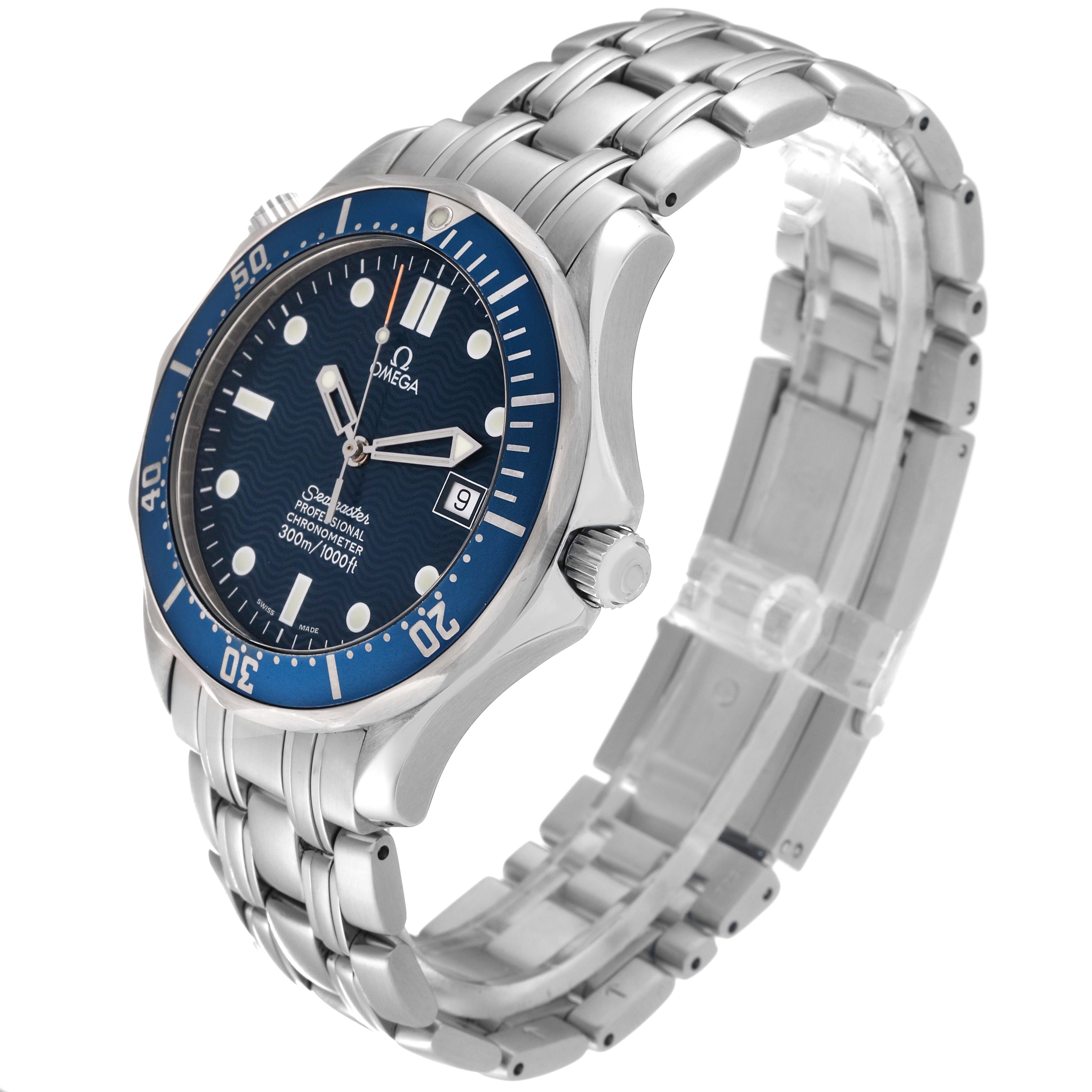 The image shows an Omega Seamaster 2531.80.00 Men
s Stainless Steel Blue Dial 2531.80.00 Men
s Stainless Steel Blue Dial watch at a three-quarter angle displaying the dial, bezel, crown, and metal bracelet.