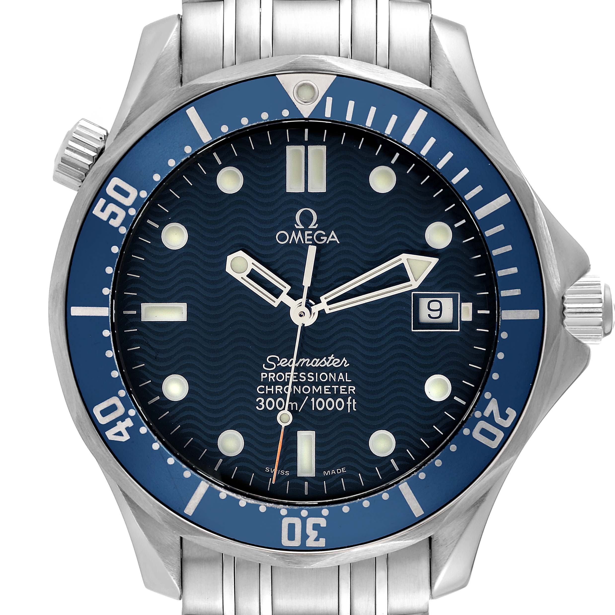 The image shows a front view of the Omega Seamaster 2531.80.00 Men
s Stainless Steel Blue Dial 2531.80.00 Men
s Stainless Steel Blue Dial watch, featuring its dial, bezel, hands, and a portion of the bracelet.
