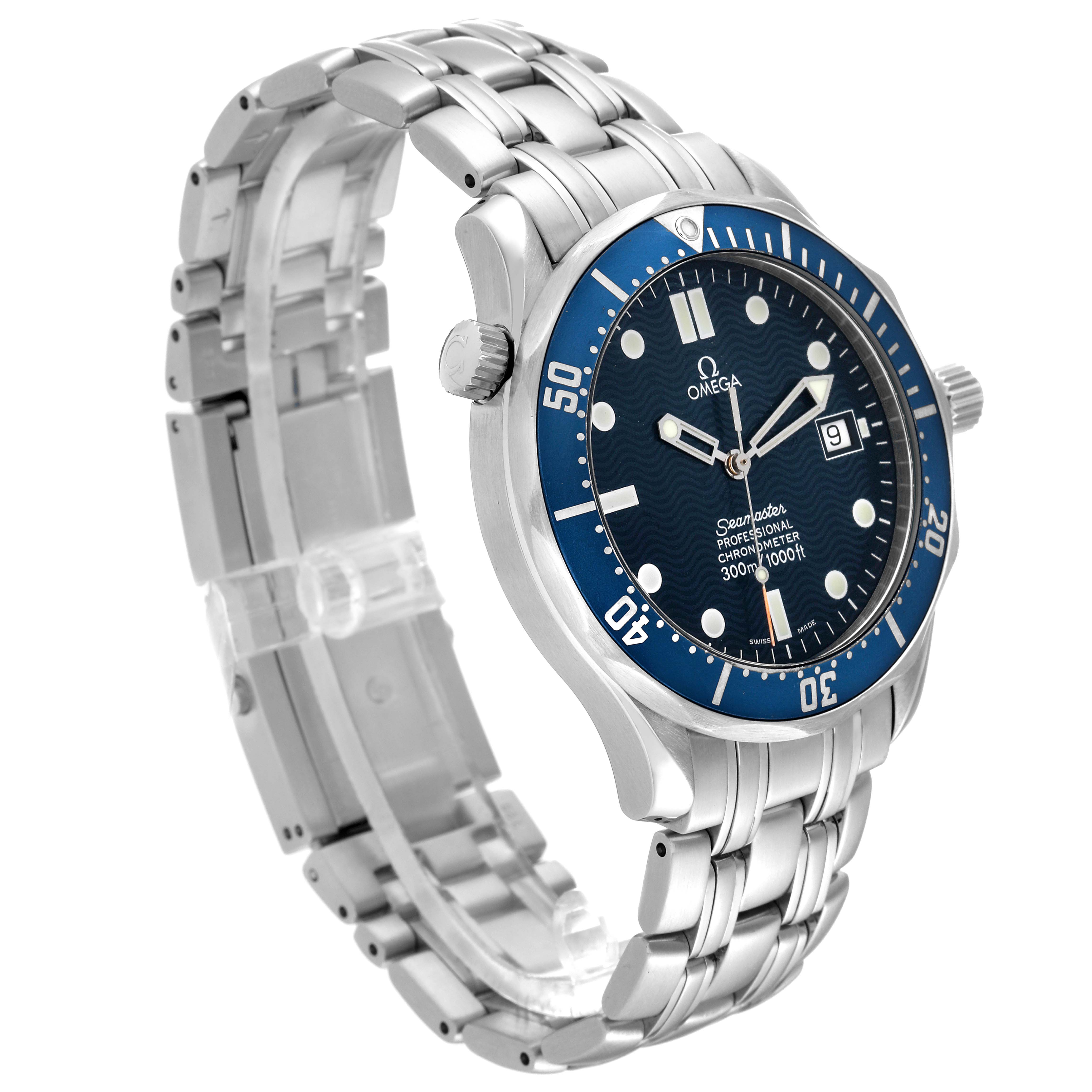 The Omega Seamaster 2531.80.00 Men
s Stainless Steel Blue Dial 2531.80.00 Men
s Stainless Steel Blue Dial watch is shown at an angle capturing the bracelet, case, crown, and face with a blue dial and bezel.