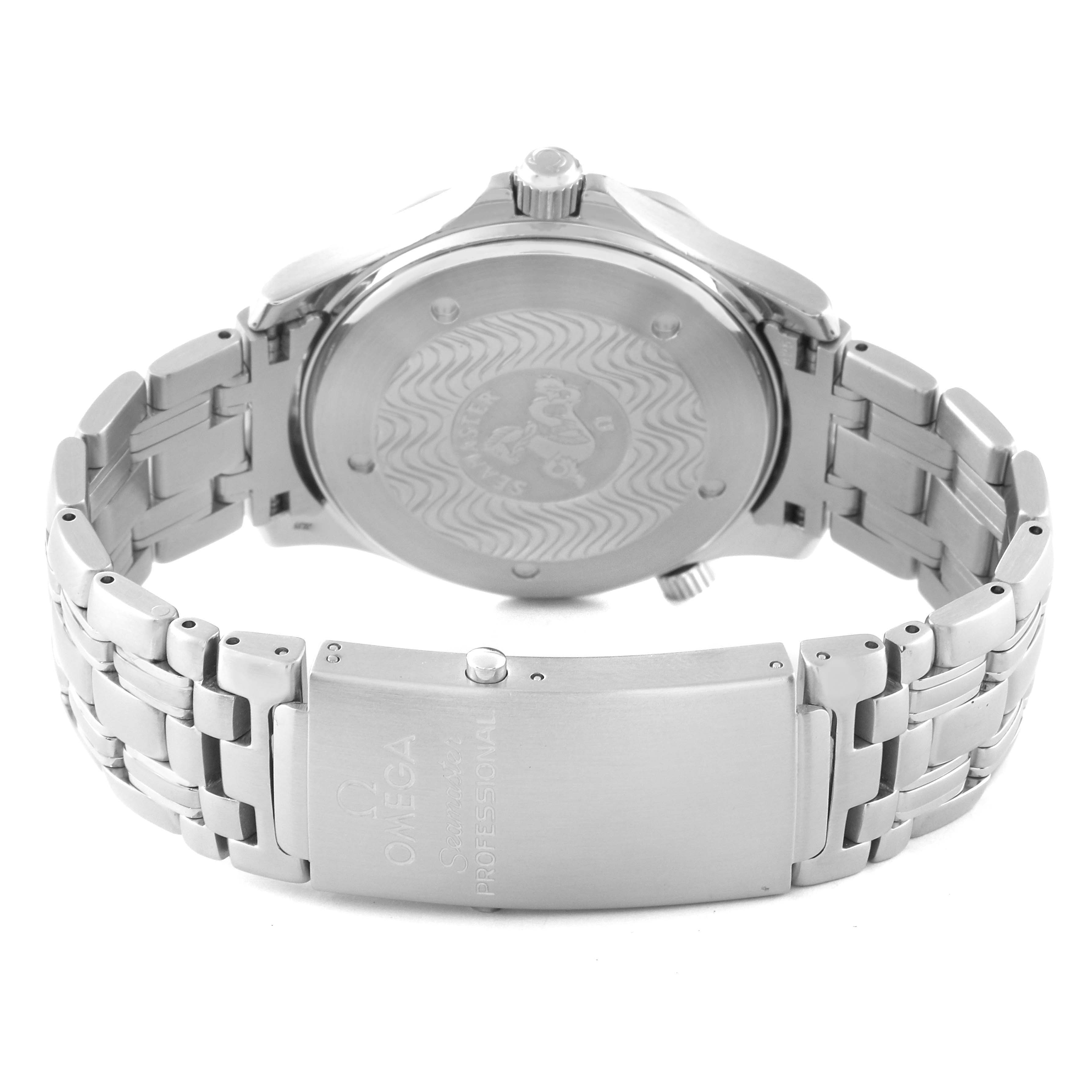 The image shows the back case, clasp, and part of the bracelet of an Omega Seamaster 2531.80.00 Men
s Stainless Steel Blue Dial 2531.80.00 Men
s Stainless Steel Blue Dial watch.