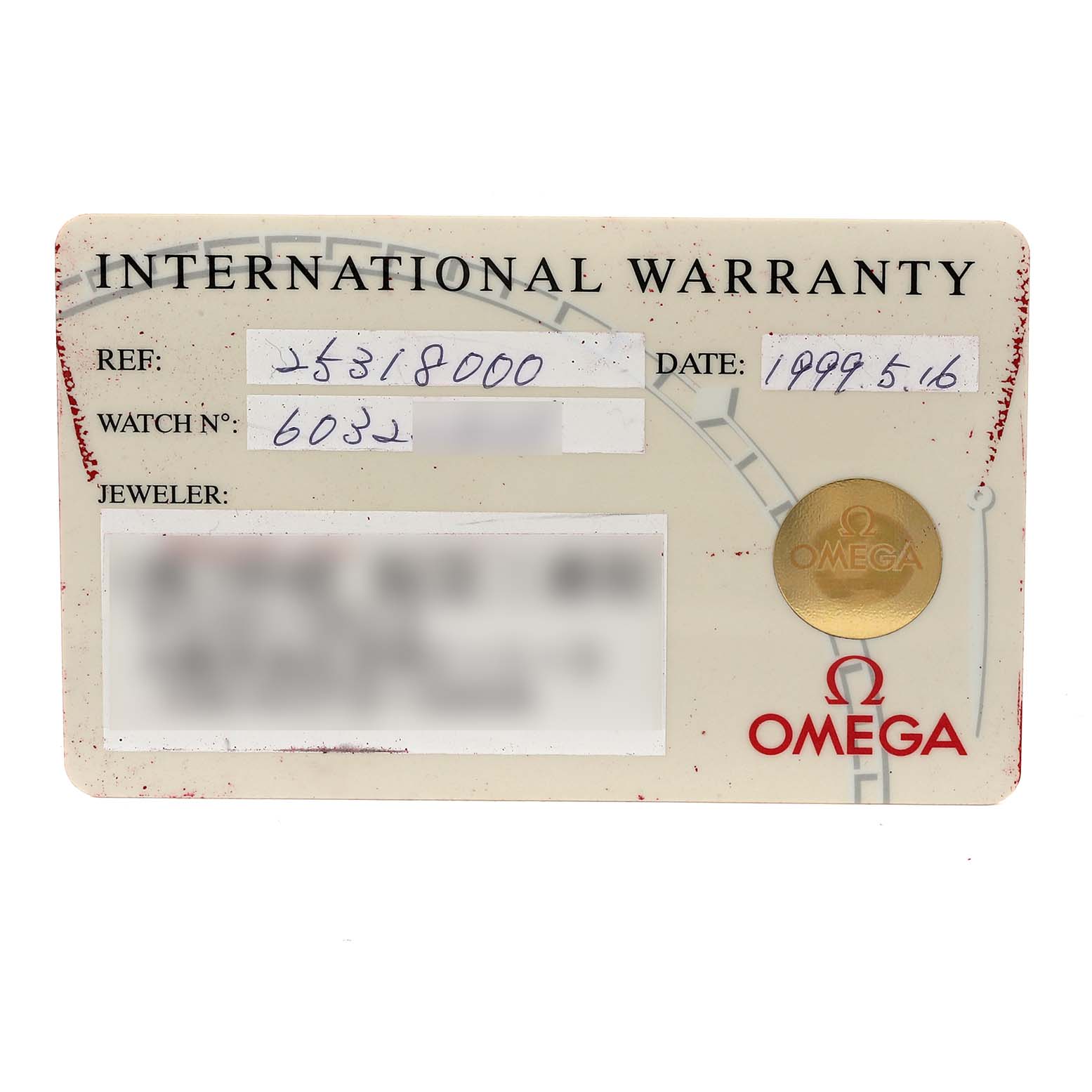 The image shows an international warranty card for an Omega Seamaster 2531.80.00 Men
s Stainless Steel Blue Dial 2531.80.00 Men
s Stainless Steel Blue Dial watch, displaying reference number and purchase date.
