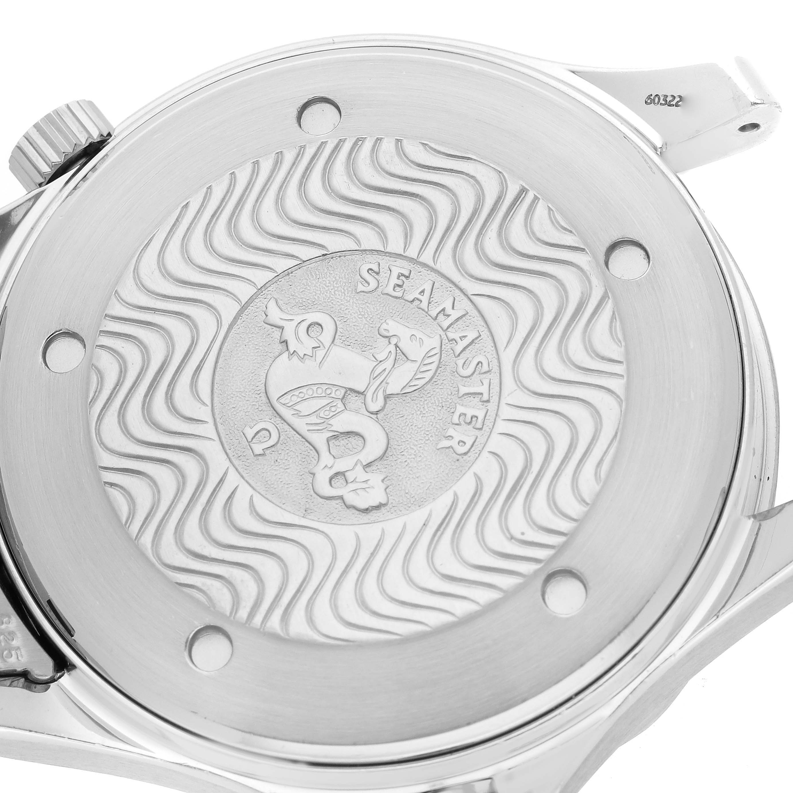 The image shows the back case of an Omega Seamaster 2531.80.00 Men
s Stainless Steel Blue Dial 2531.80.00 Men
s Stainless Steel Blue Dial watch, featuring its engraved logo and wavy design pattern.