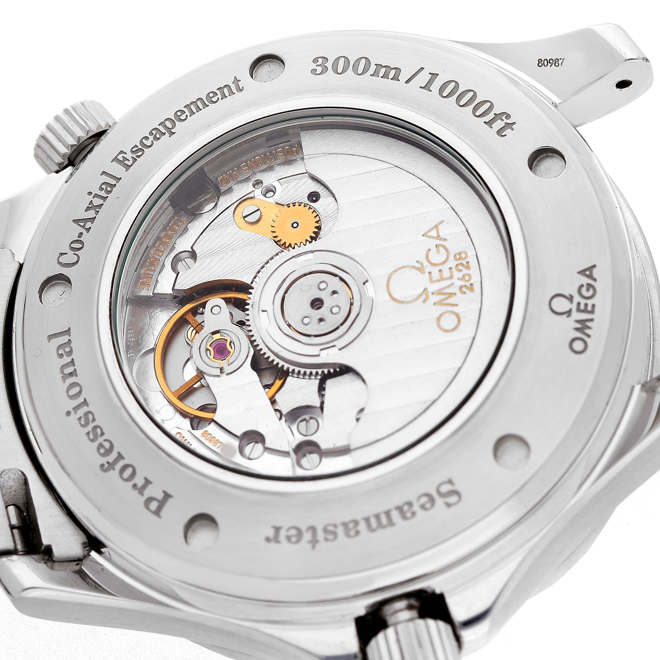 The image shows the case back of an Omega Seamaster 2535.80.00 Men's Stainless Steel Blue Dial watch, highlighting the Co-Axial movement and internal mechanics.