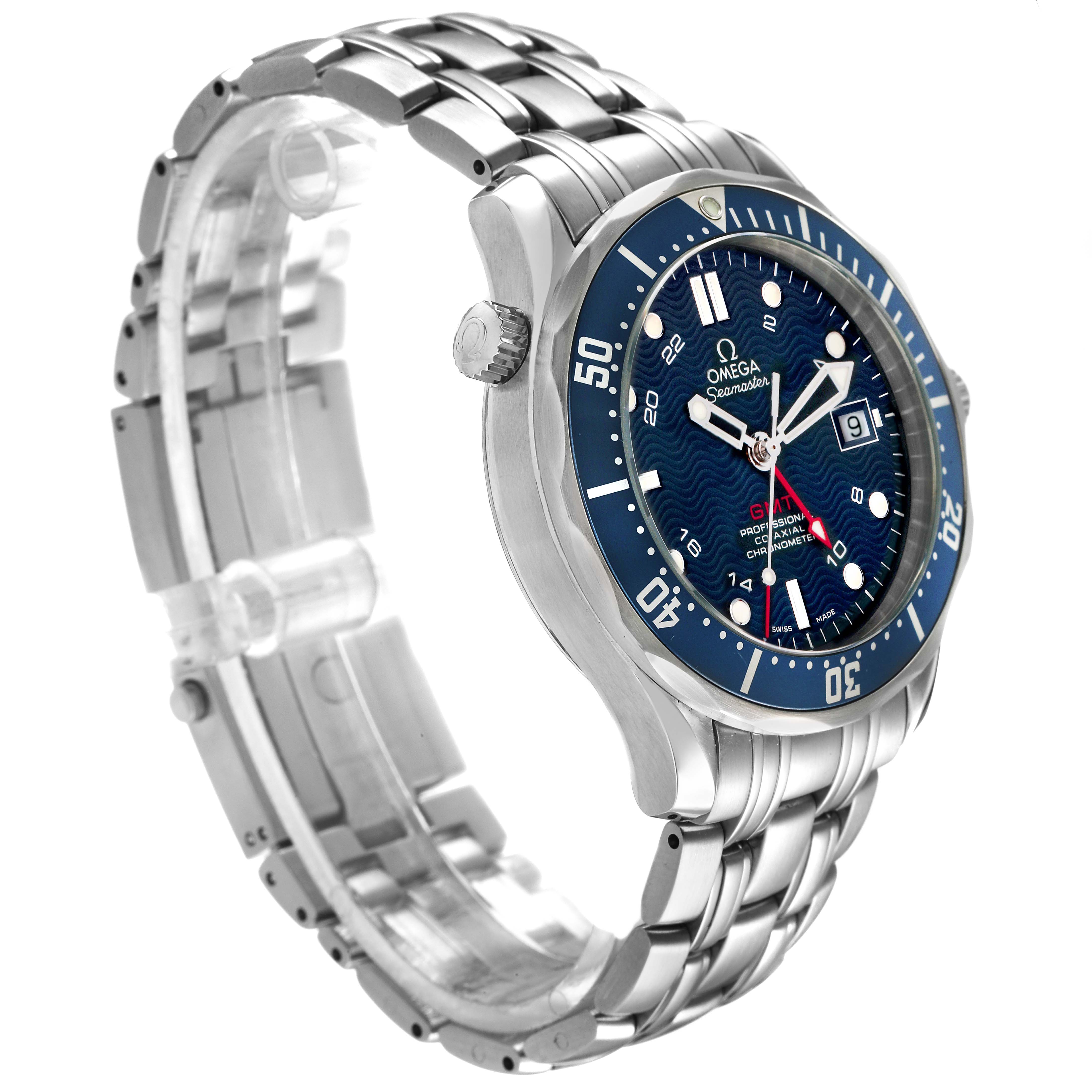 The Omega Seamaster 2535.80.00 Men's Stainless Steel Blue Dial watch is shown at a side angle, highlighting the bezel, blue dial, and stainless steel bracelet.