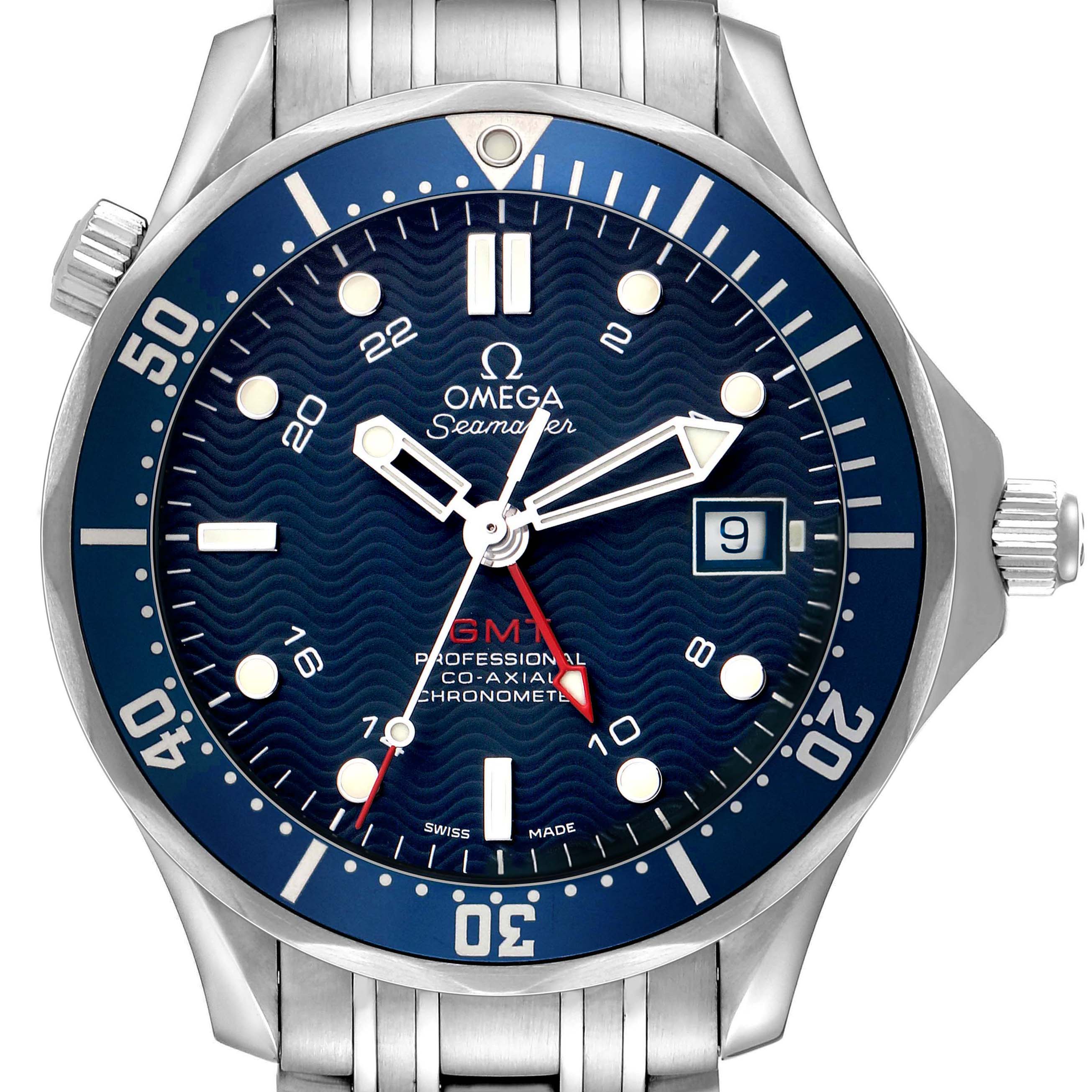 The Omega Seamaster 2535.80.00 Men's Stainless Steel Blue Dial watch is shown from the front, displaying its blue dial, bezel, hands, and date window.