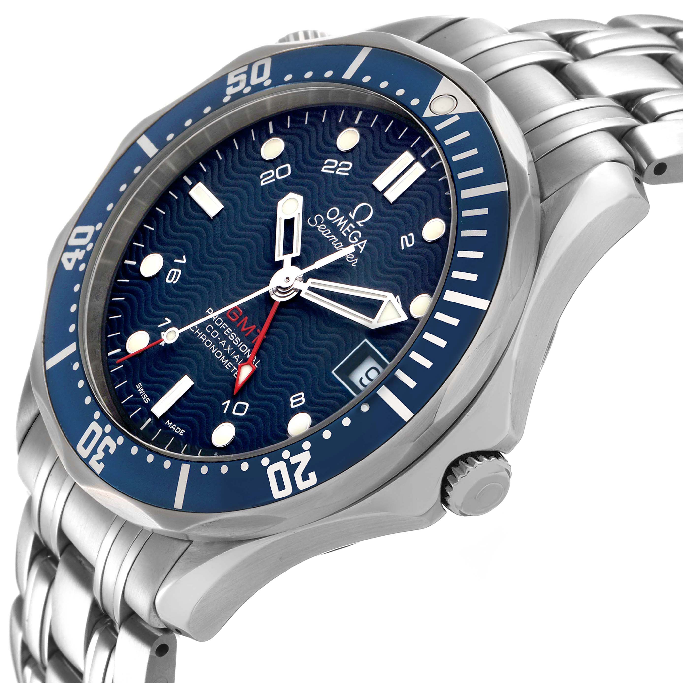 The Omega Seamaster 2535.80.00 Men's Stainless Steel Blue Dial watch is shown at an angled side view highlighting the face, bezel, bracelet, and crown.