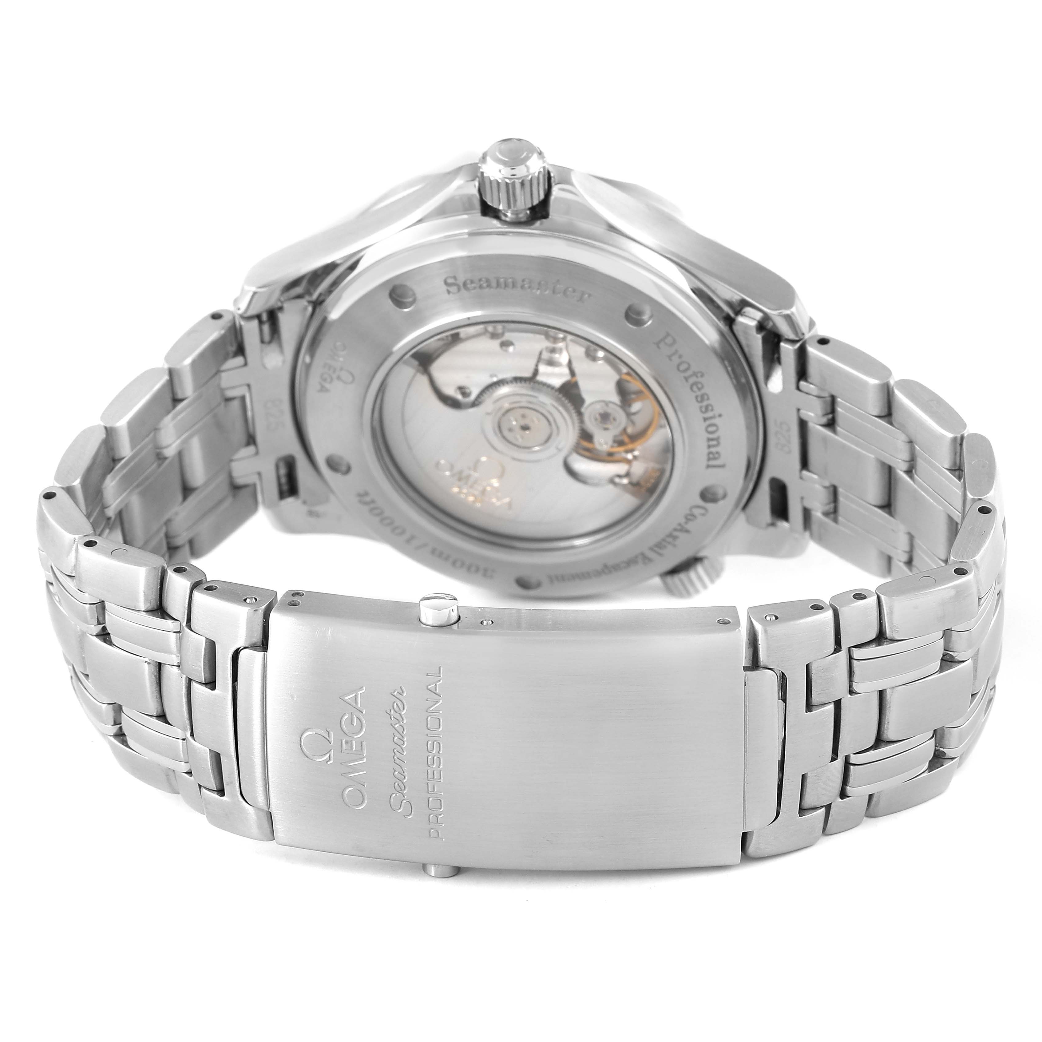 The Omega Seamaster 2535.80.00 Men's Stainless Steel Blue Dial watch is shown from the back, highlighting its open case back and stainless steel bracelet.