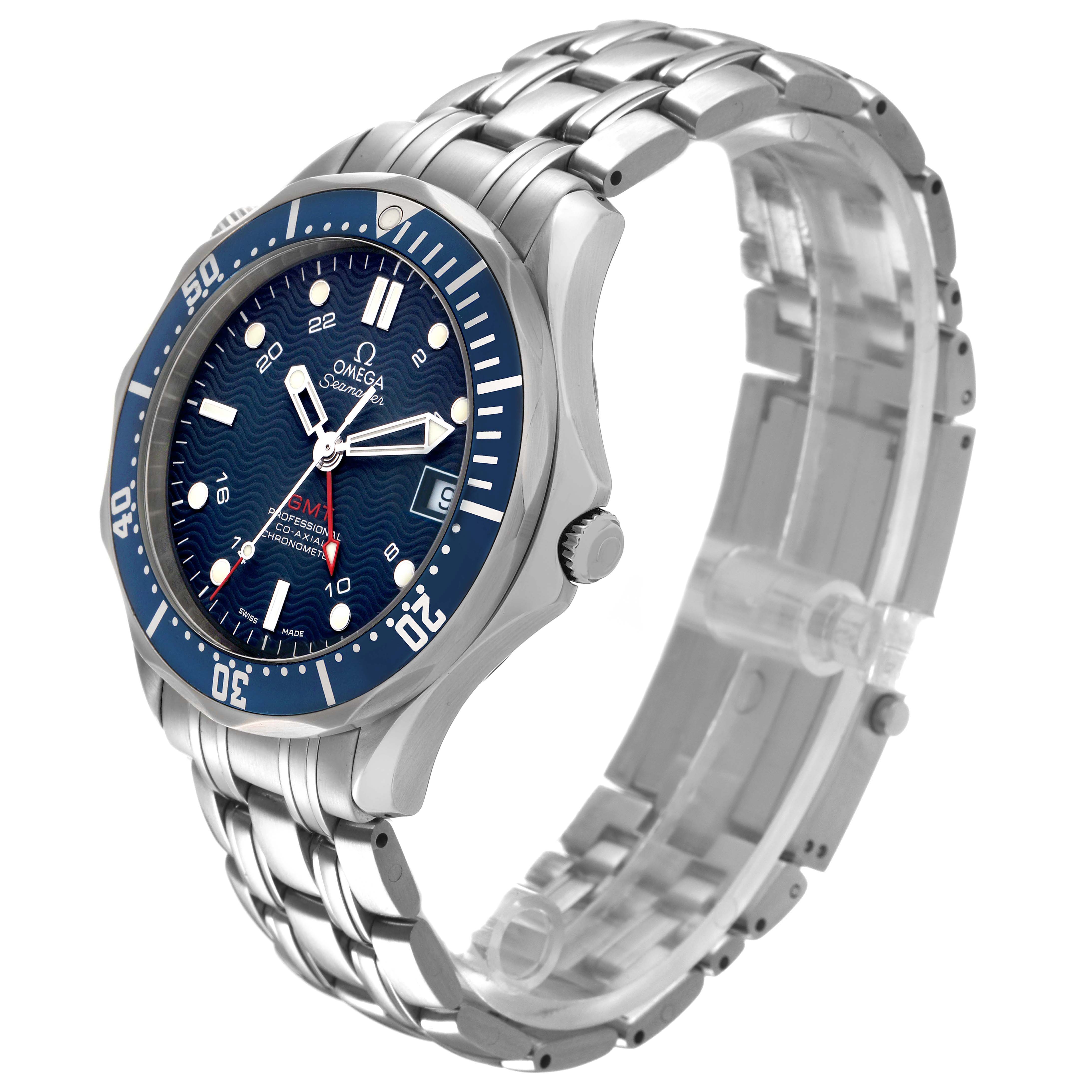The Omega Seamaster 2535.80.00 Men's Stainless Steel Blue Dial watch is shown at a three-quarter angle, highlighting the face, bezel, crown, and bracelet.