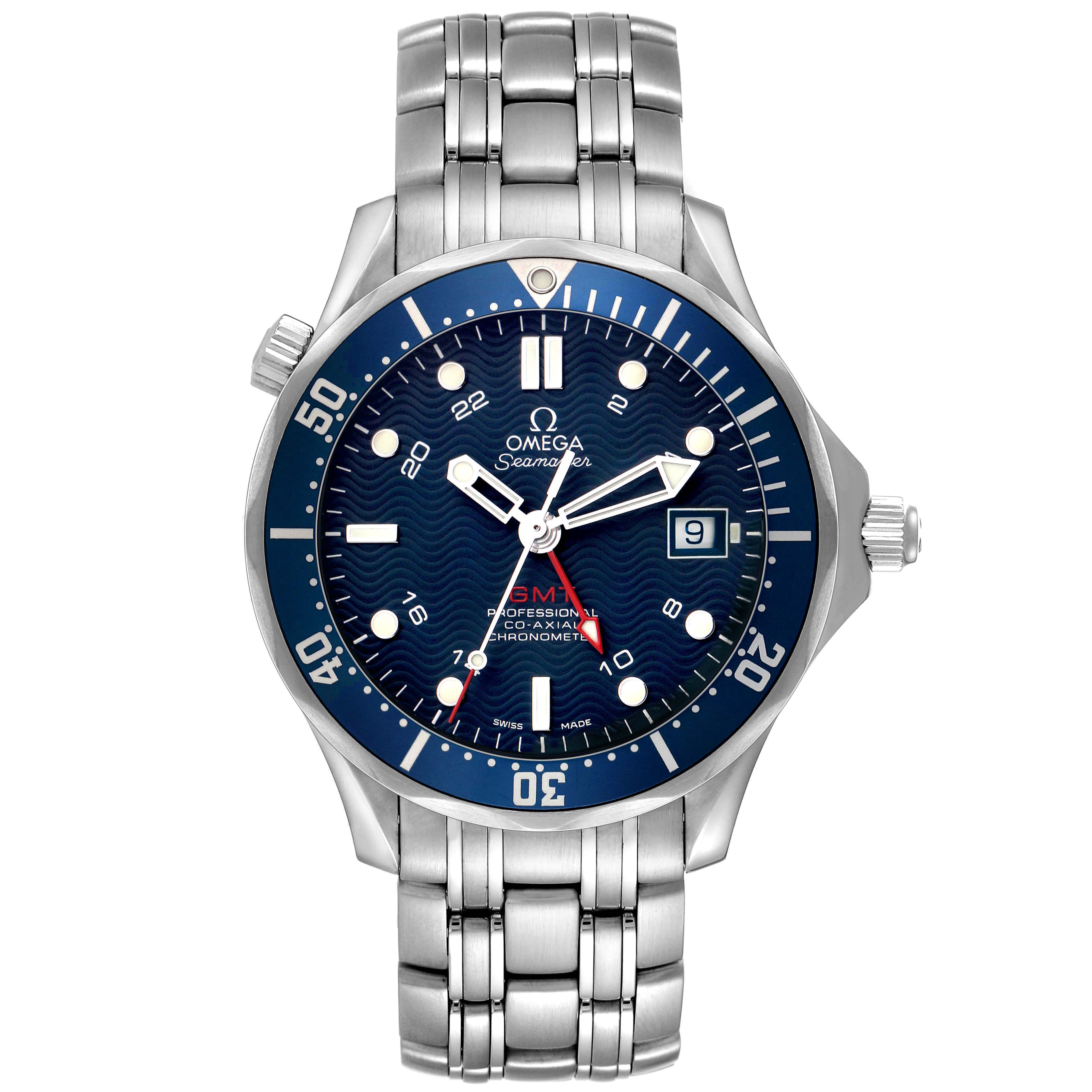 The Omega Seamaster 2535.80.00 Men's Stainless Steel Blue Dial watch is shown from a top-down angle, highlighting the face, bezel, and bracelet.