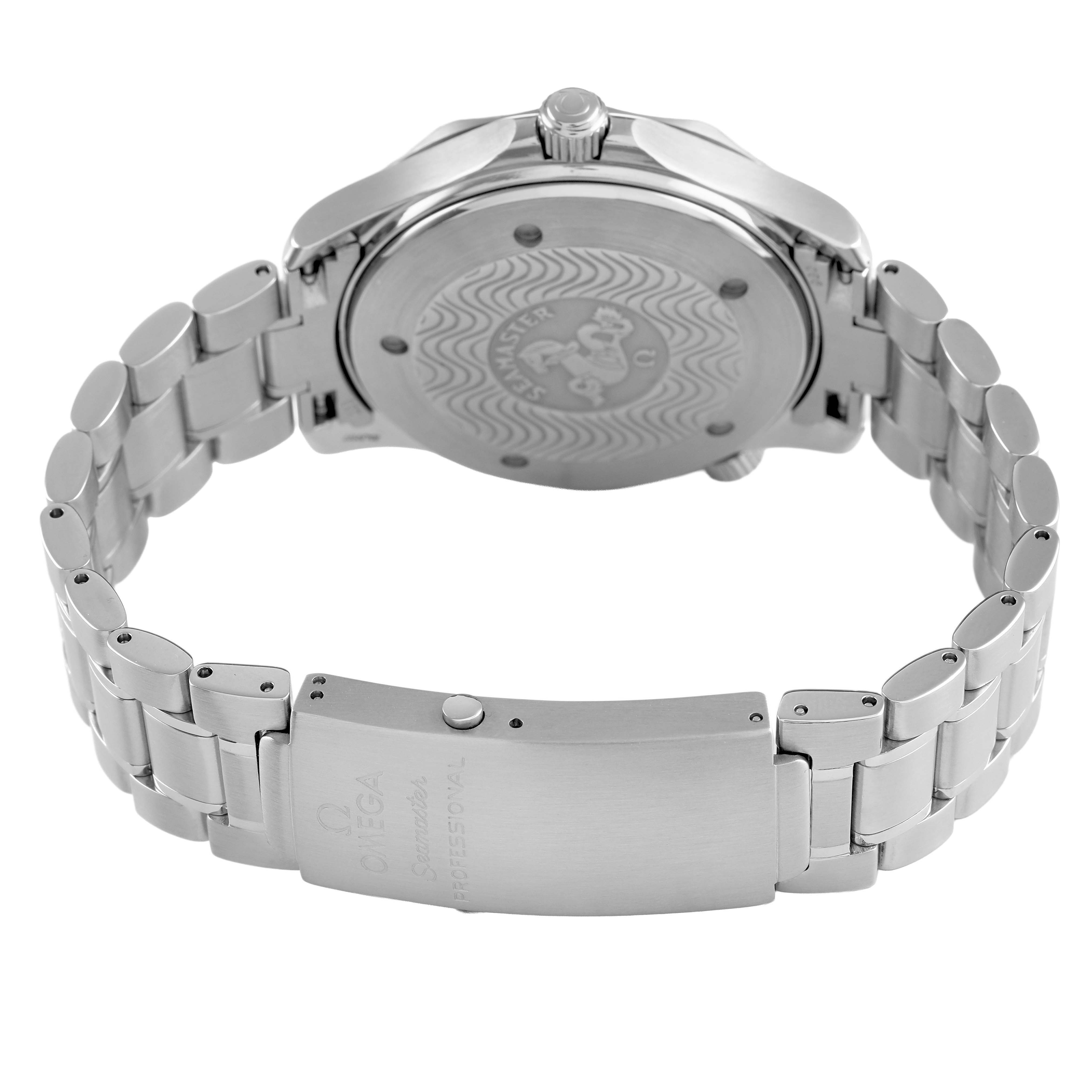 The Omega Seamaster 2254.50.00 Men's Stainless Steel Black Dial watch is shown from the back, highlighting the case back, bracelet, and clasp.