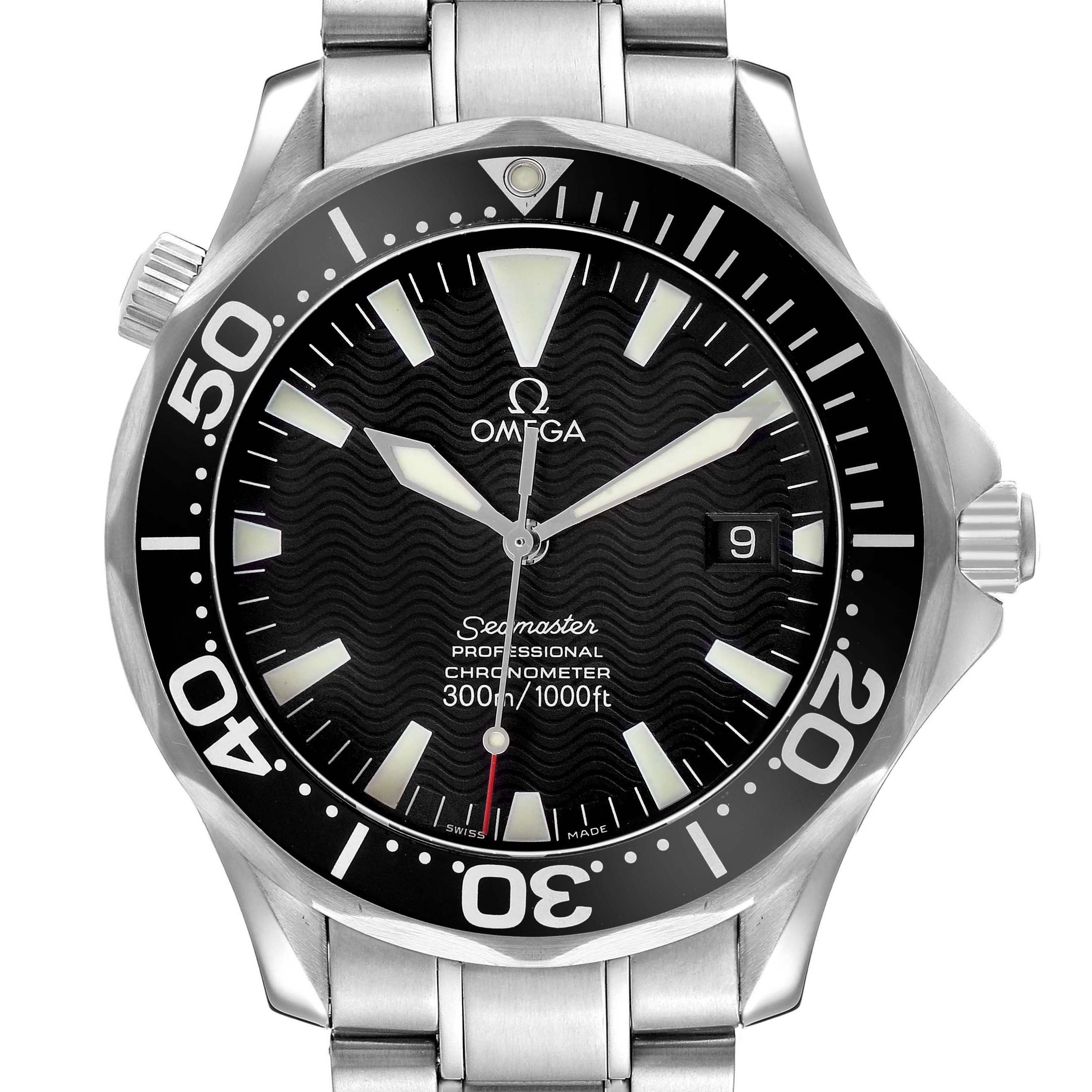 The Omega Seamaster 2254.50.00 Men's Stainless Steel Black Dial watch is shown from the front, highlighting the dial, bezel, markers, and bracelet attachment.