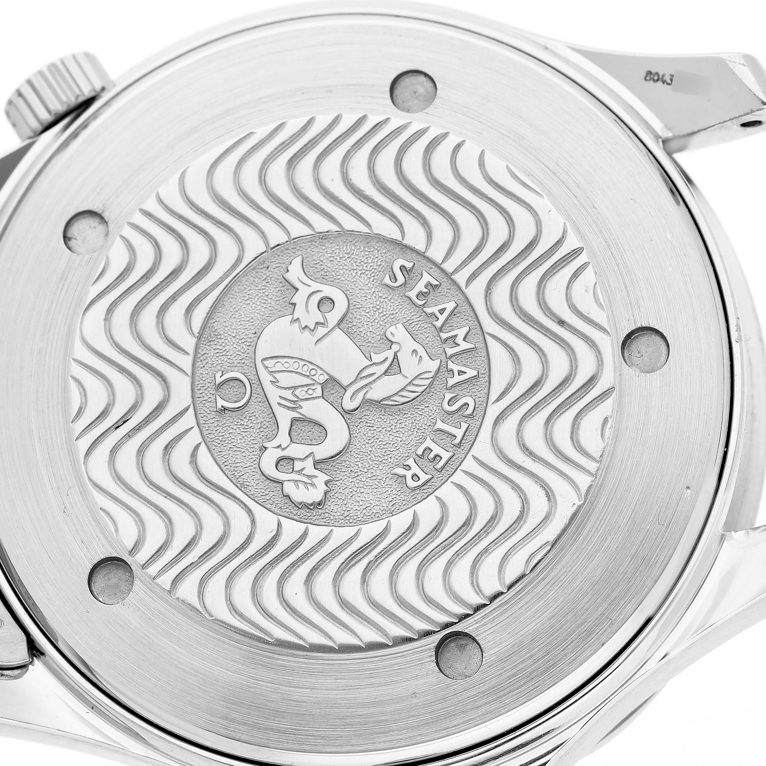 The image shows the back case of an Omega Seamaster 2254.50.00 Men's Stainless Steel Black Dial, featuring engraved designs and branding.