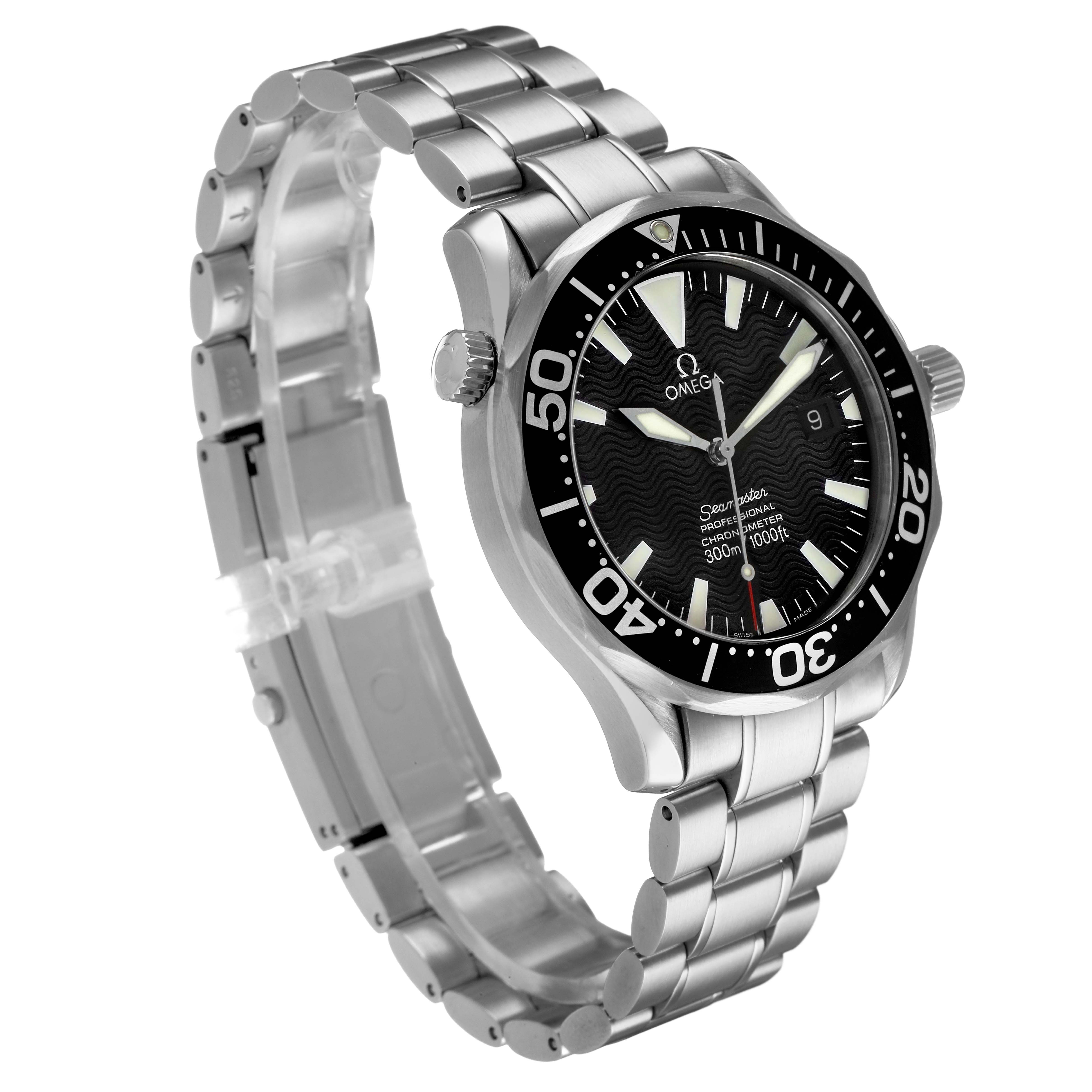 The Omega Seamaster 2254.50.00 Men's Stainless Steel Black Dial watch is shown at a slight angle, highlighting the face, bezel, crown, and metal bracelet.