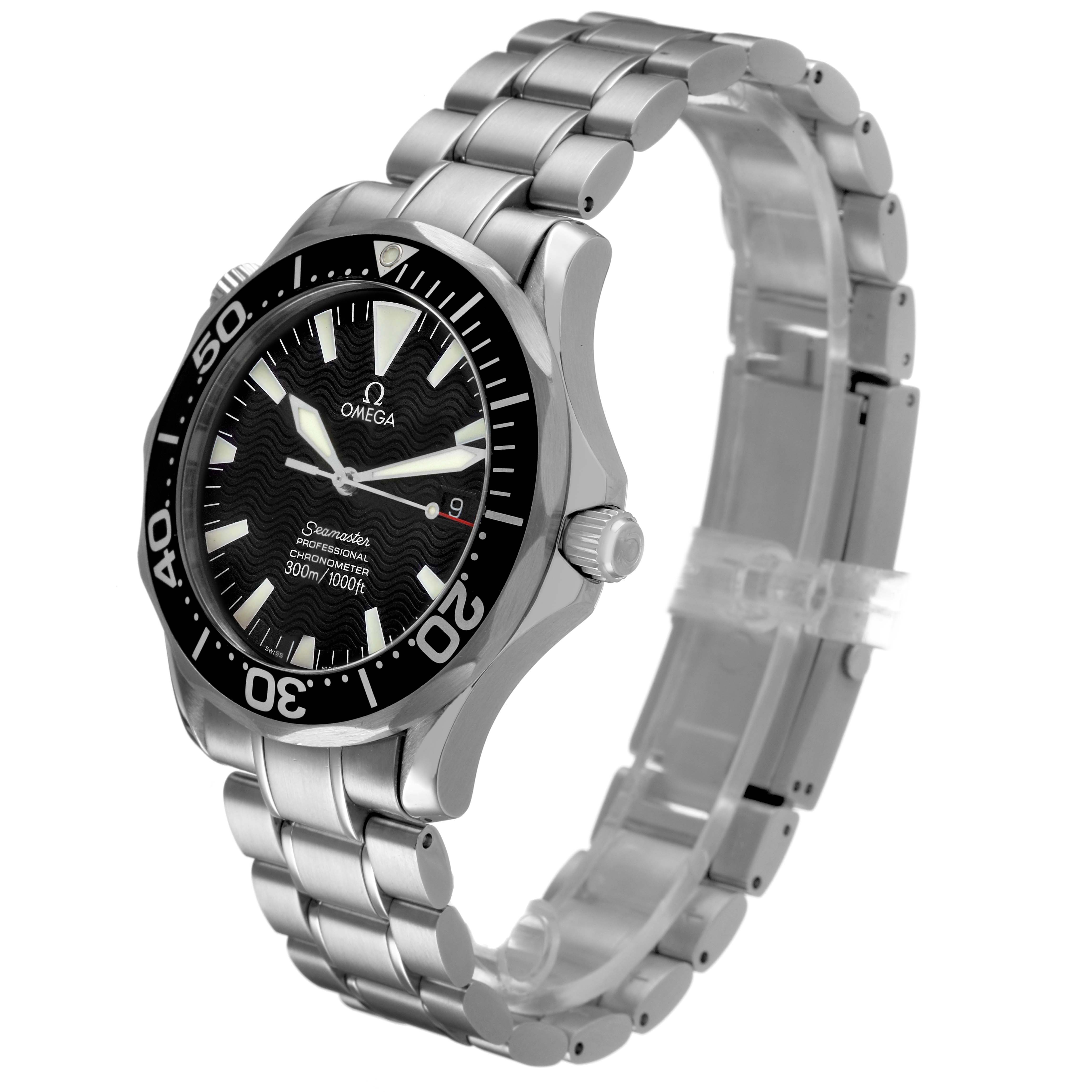 The Omega Seamaster 2254.50.00 Men's Stainless Steel Black Dial watch is shown at a three-quarter angle, highlighting the dial, bezel, crown, and bracelet.