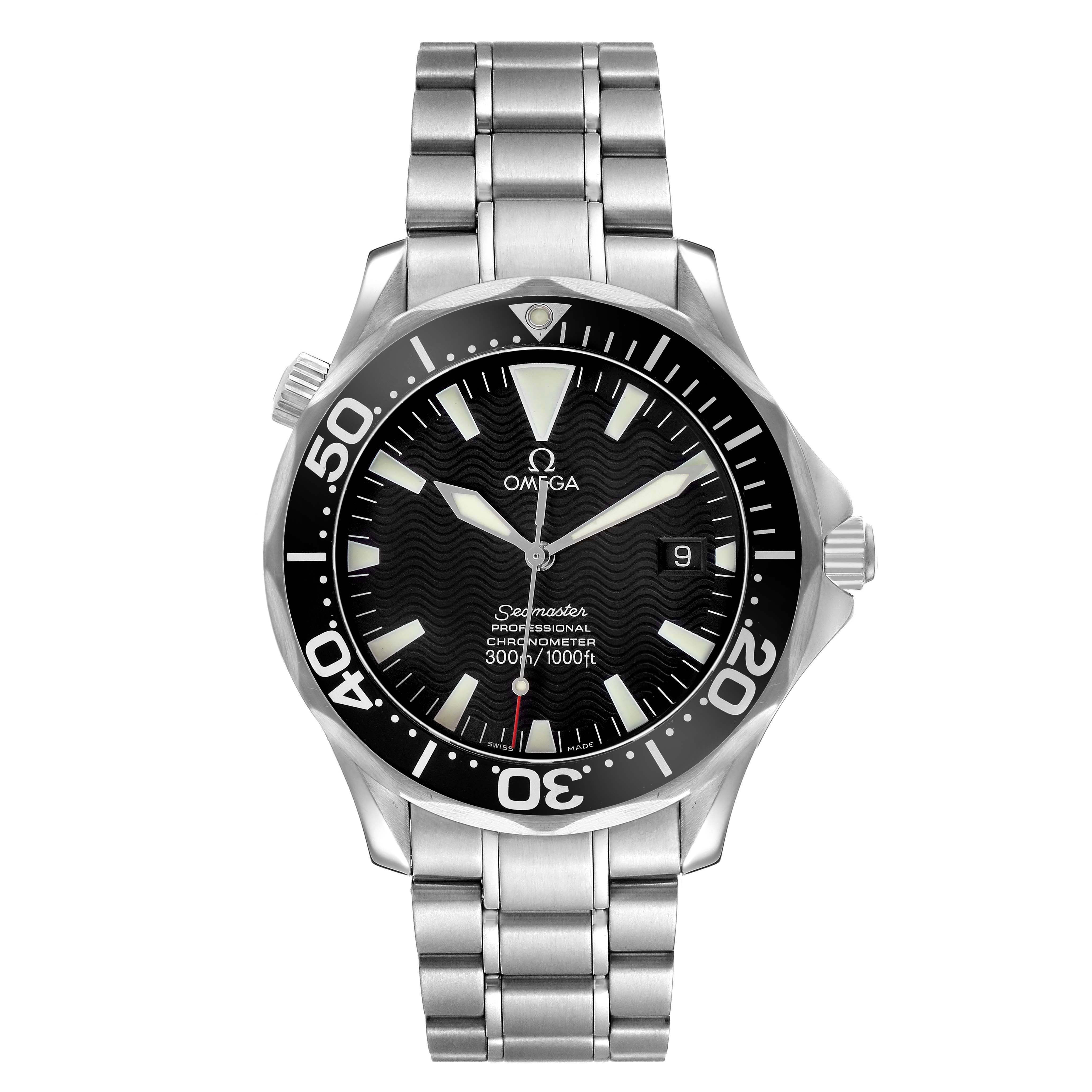 The Omega Seamaster 2254.50.00 Men's Stainless Steel Black Dial watch is shown from a front view, displaying the dial, bezel, hands, and stainless steel bracelet.