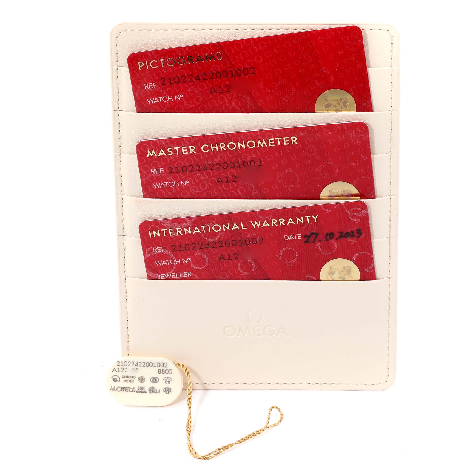 The image shows a white cardholder with three red cards for the Omega Seamaster 210.22.42.20.01.002 Men's Steel and Gold (two tone) Black Dial 210.22.42.20.01.002 Men's Steel and Gold (two tone) Black Dial: pictogram, master chronometer, and international warranty.