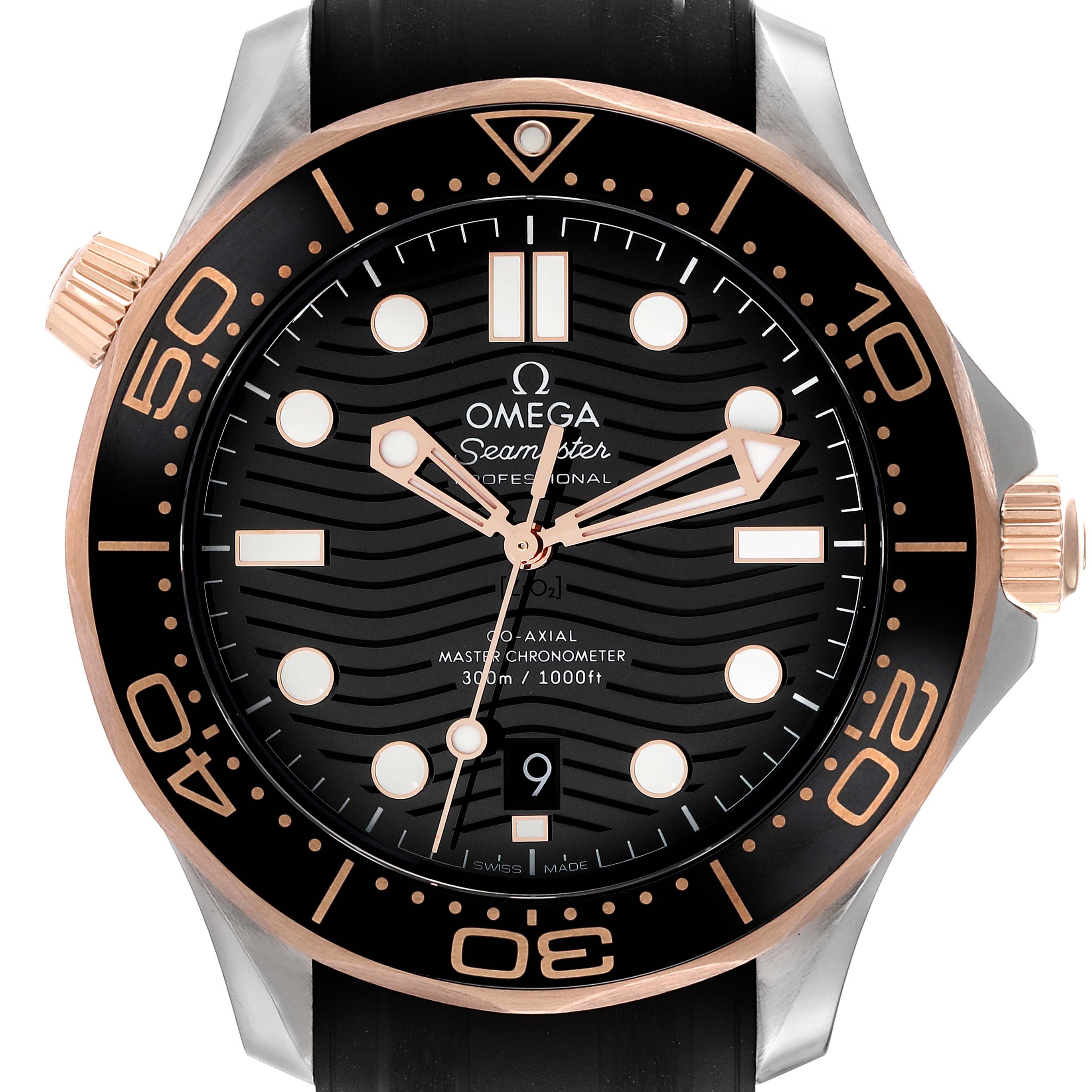 The image shows a front view of the Omega Seamaster 210.22.42.20.01.002 Men's Steel and Gold (two tone) Black Dial 210.22.42.20.01.002 Men's Steel and Gold (two tone) Black Dial watch, highlighting its dial, bezel, crown, and date display.