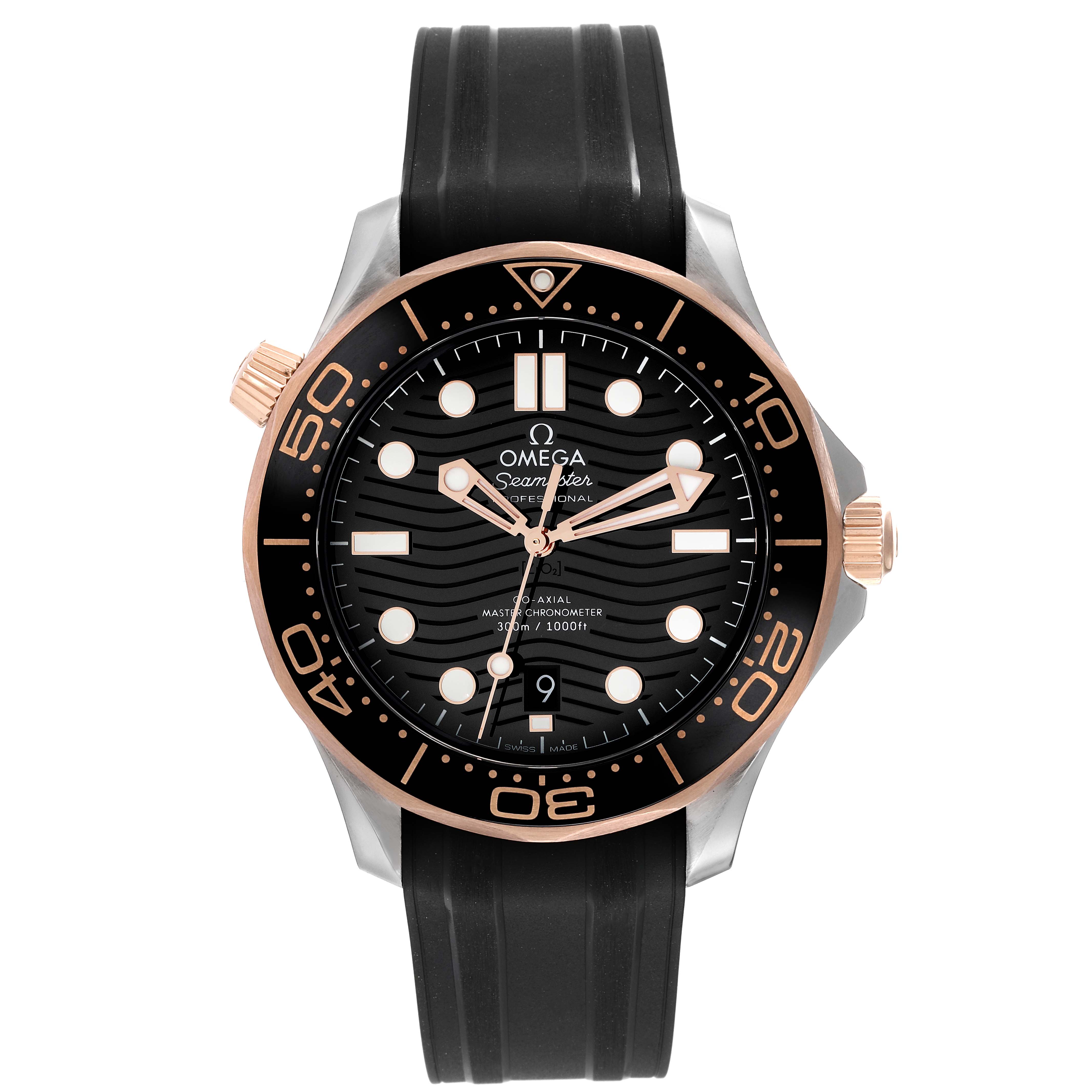 The Omega Seamaster 210.22.42.20.01.002 Men's Steel and Gold (two tone) Black Dial 210.22.42.20.01.002 Men's Steel and Gold (two tone) Black Dial watch is shown from the front, highlighting the dial, bezel, and rubber strap.