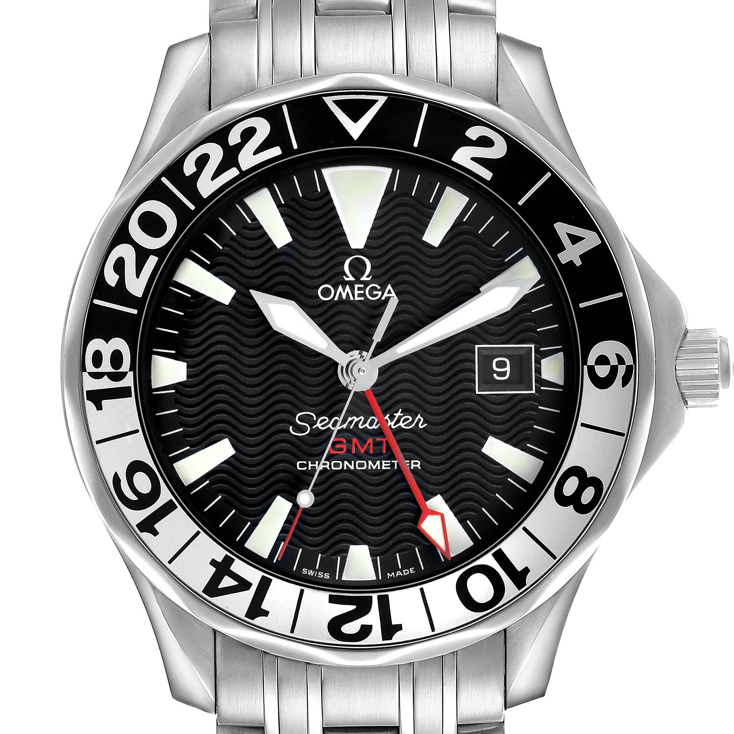 The Omega Seamaster 2534.50.00 Men's Stainless Steel Black Dial watch is shown from the front, highlighting the dial, bezel, and bracelet top.