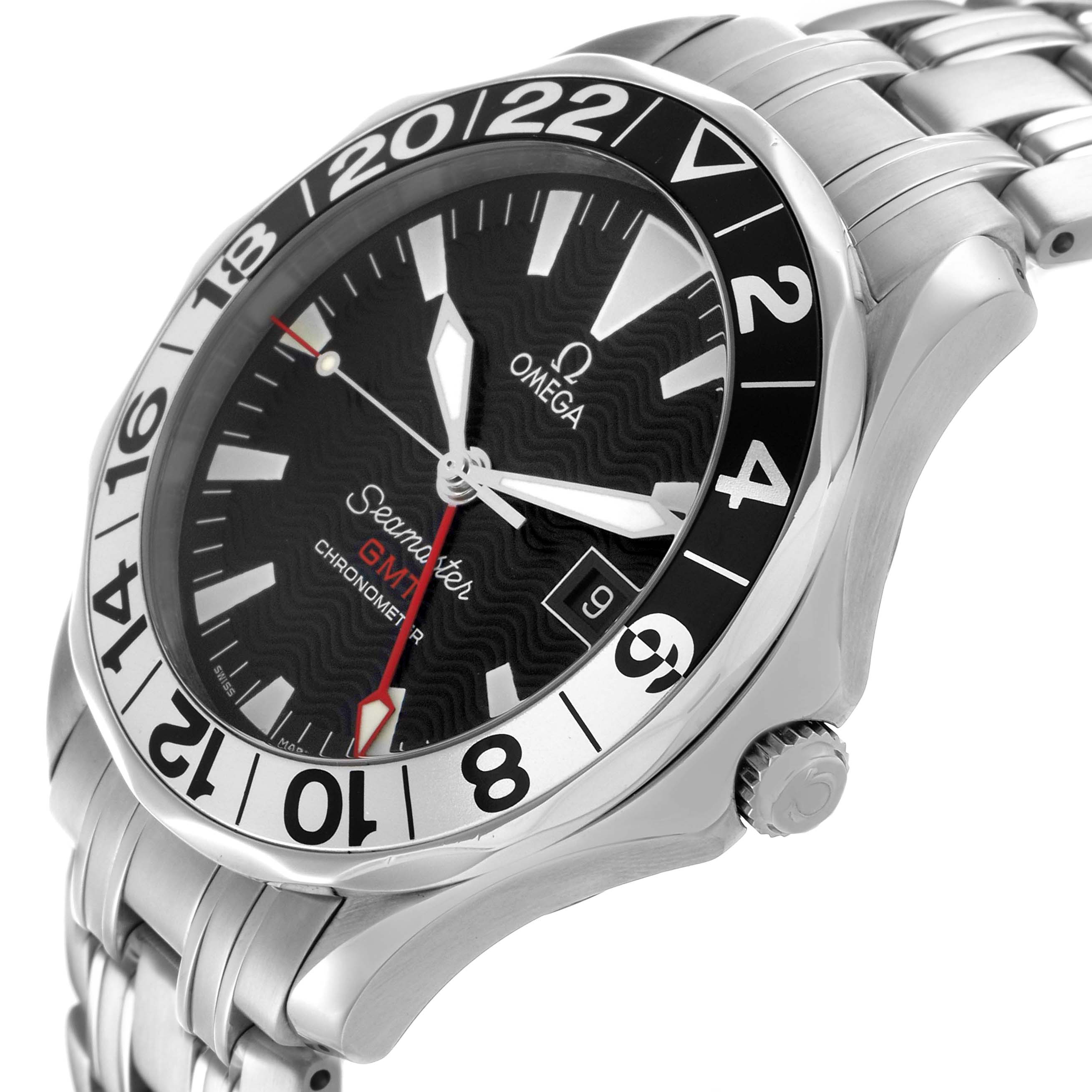 The Omega Seamaster 2534.50.00 Men's Stainless Steel Black Dial GMT watch is shown at an angled side view, highlighting the bezel, face, crown, and bracelet.