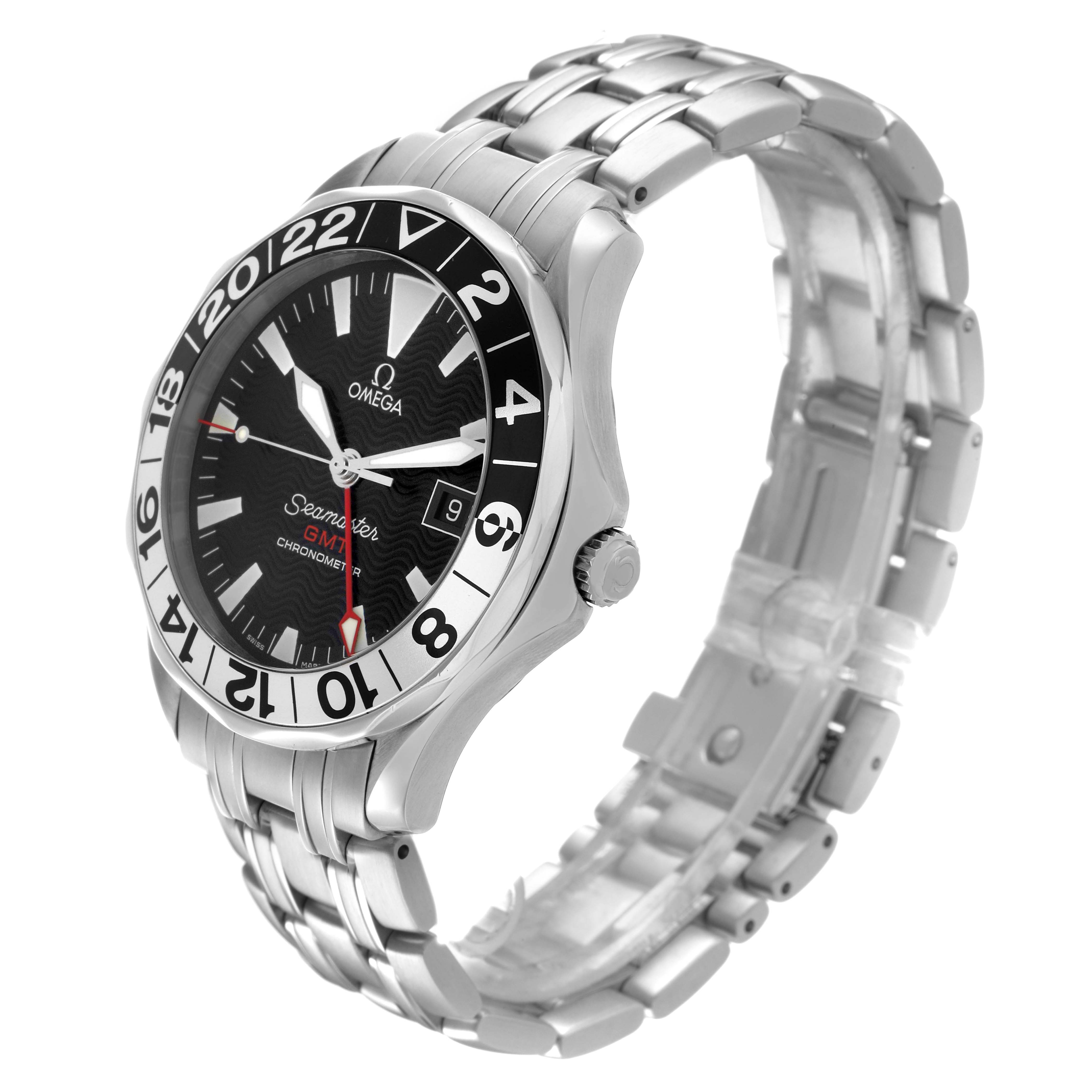 The Omega Seamaster 2534.50.00 Men's Stainless Steel Black Dial watch is shown at an oblique angle, highlighting the bezel, dial, crown, and bracelet.