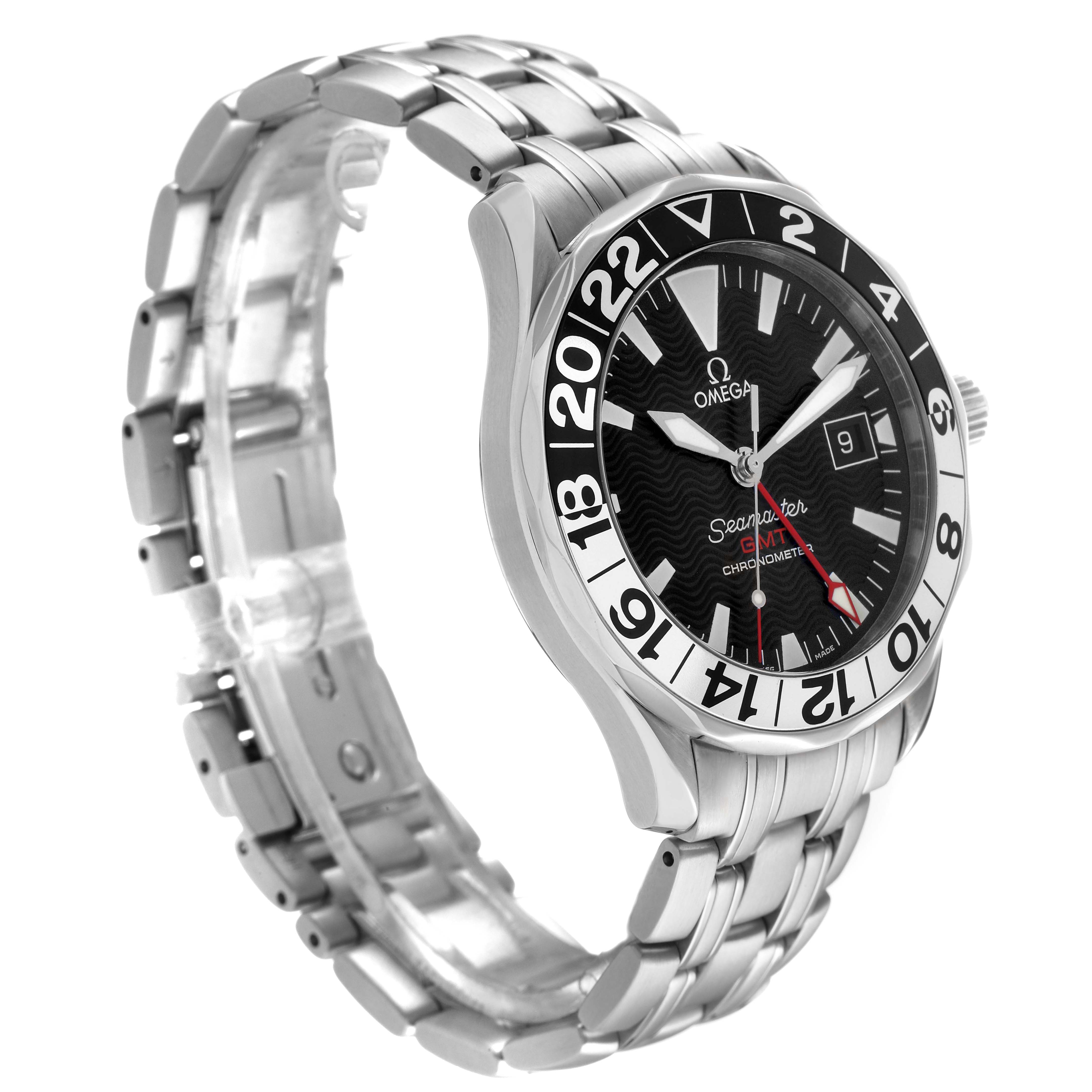 The Omega Seamaster 2534.50.00 Men's Stainless Steel Black Dial watch is shown at an angled side view, highlighting its face, bezel, bracelet, and crown.