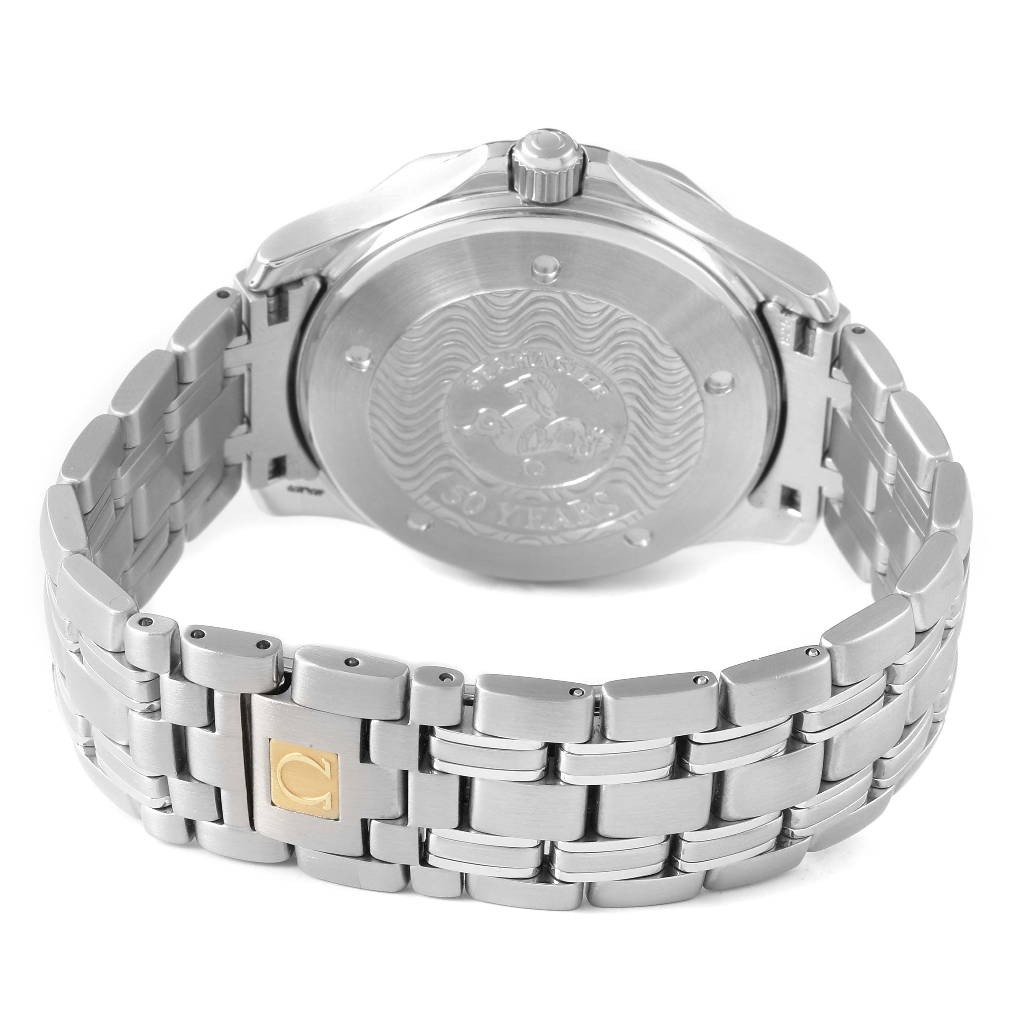 The Omega Seamaster 2534.50.00 Men's Stainless Steel Black Dial watch is shown from the back, highlighting the case back and the metal bracelet.