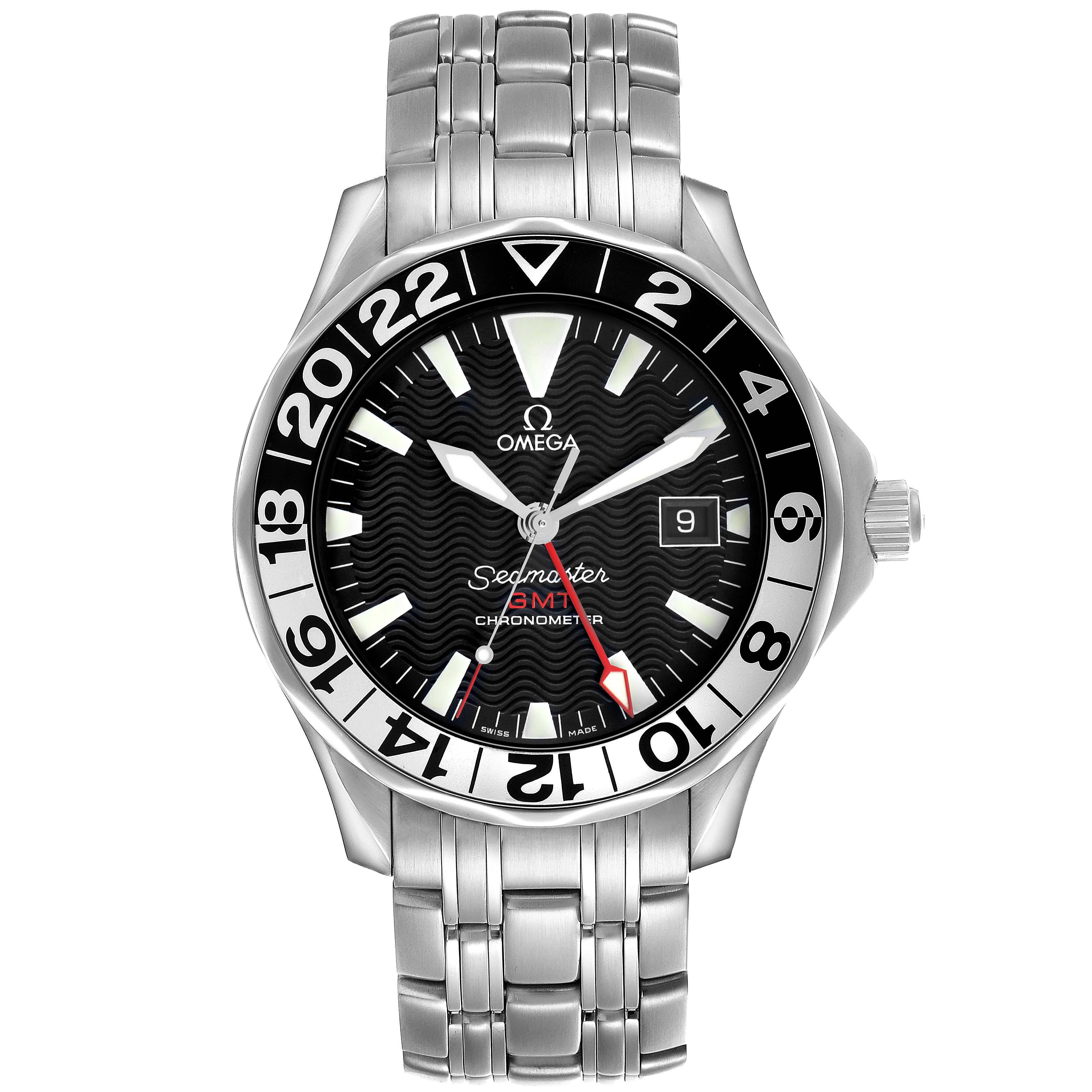 The Omega Seamaster 2534.50.00 Men's Stainless Steel Black Dial watch is shown from a front angle, highlighting its black dial, bezel, and stainless steel bracelet.