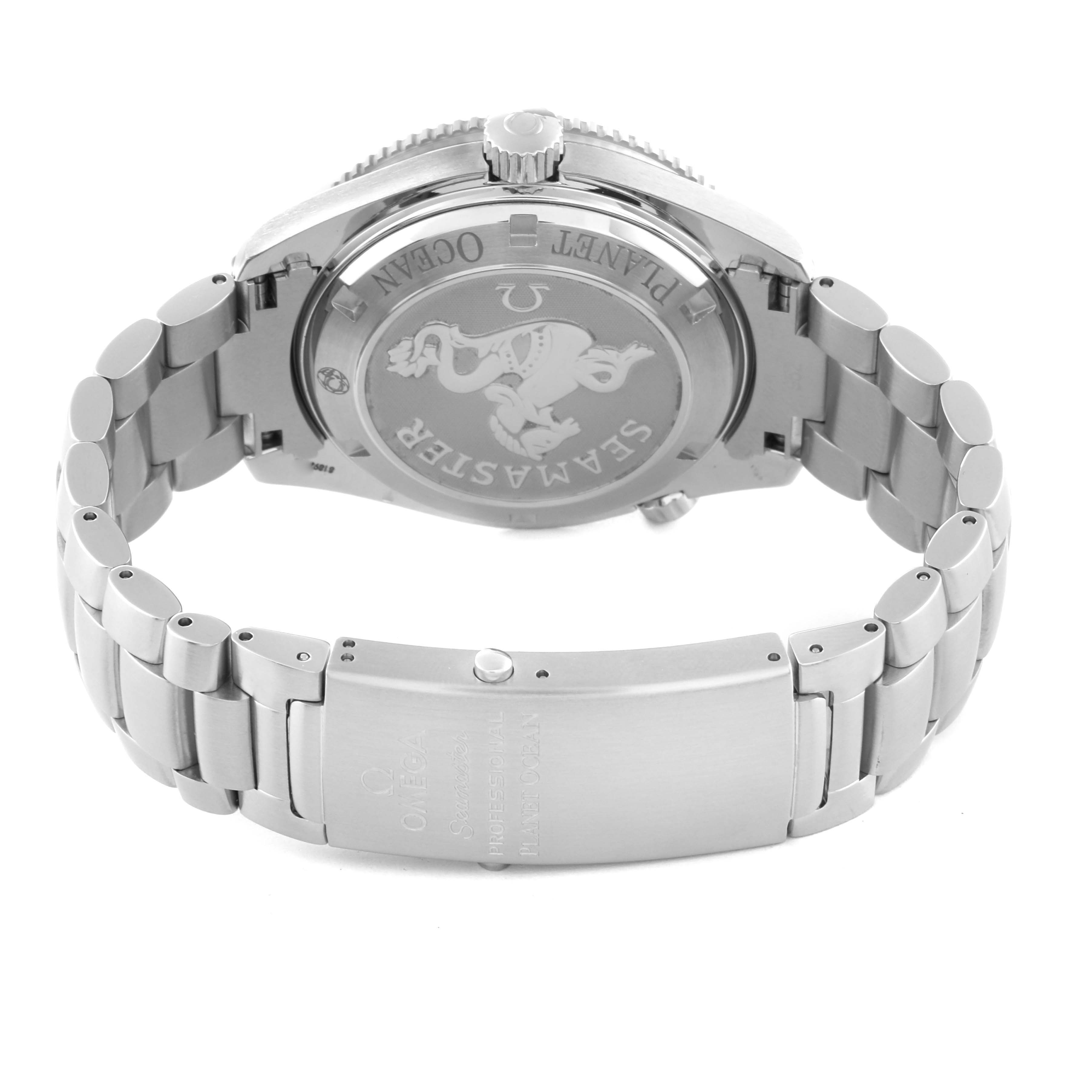 This image shows the back side of the Omega Planet Ocean 2201.50.00 Men
s Stainless Steel Black Dial 2201.50.00 Men
s Stainless Steel Black Dial watch, including the case back and part of the bracelet.