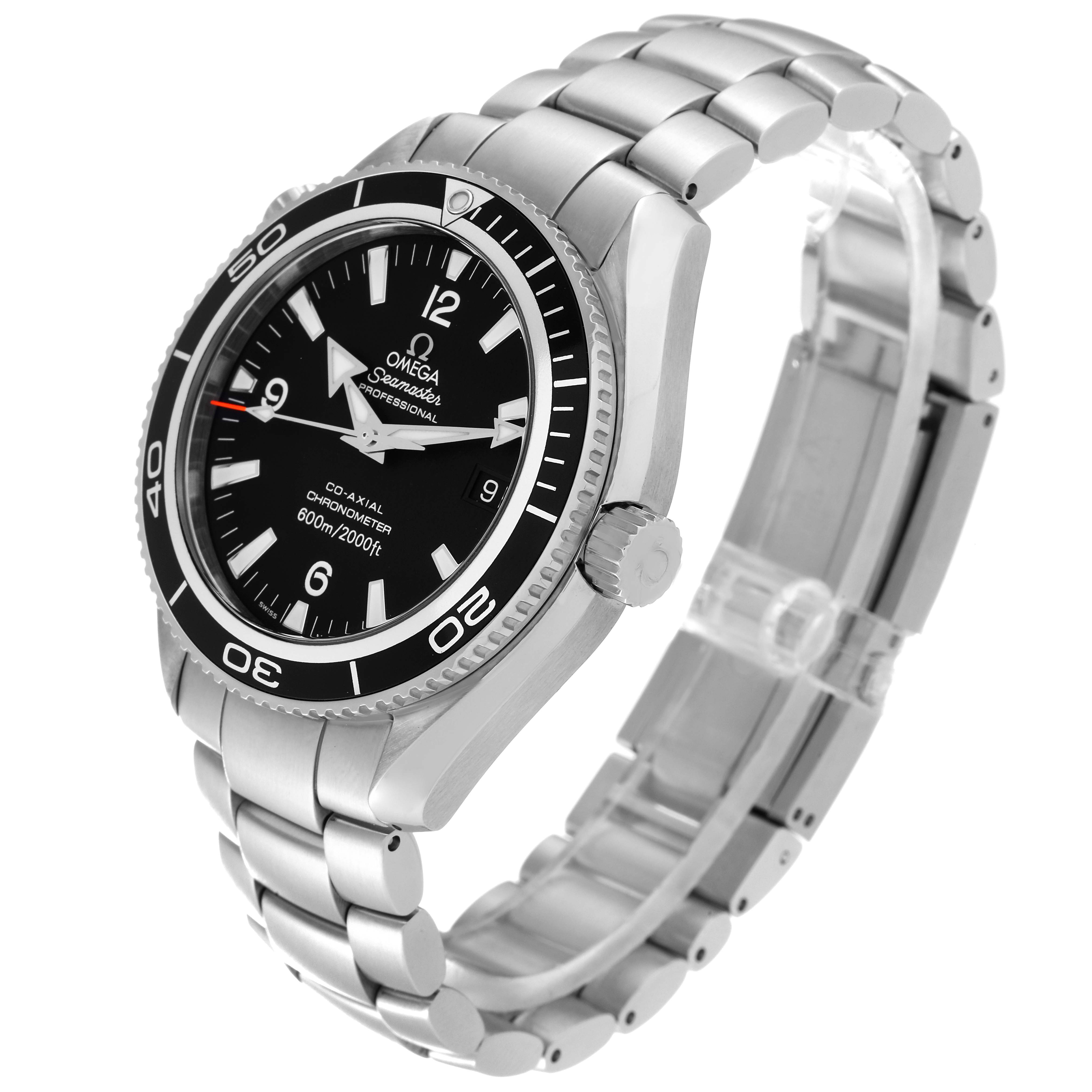 The image shows a side angle of the Omega Planet Ocean 2201.50.00 Men
s Stainless Steel Black Dial 2201.50.00 Men
s Stainless Steel Black Dial watch, highlighting its face, bezel, crown, and metal bracelet.
