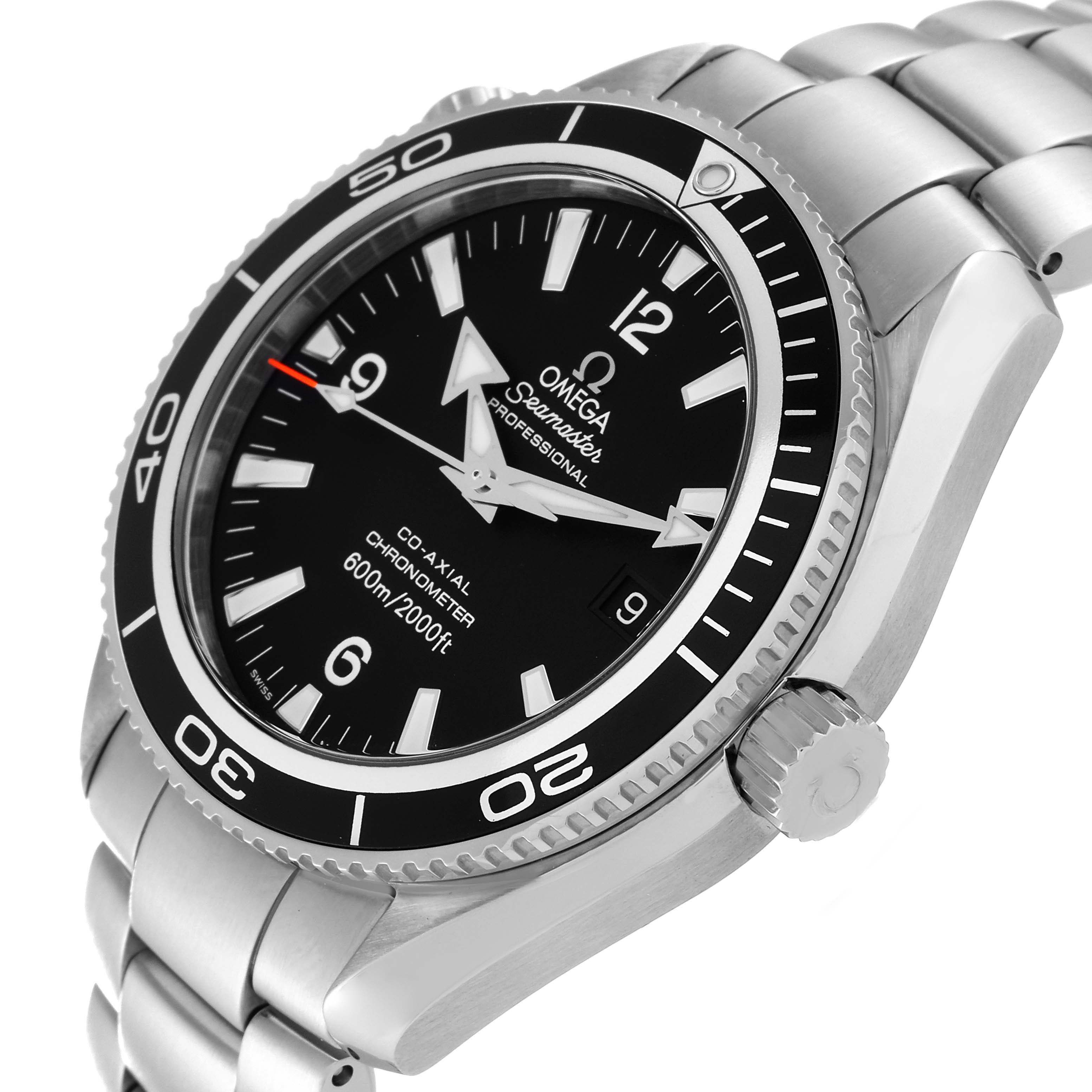 The image shows a close-up side angle of the Omega Planet Ocean 2201.50.00 Men
s Stainless Steel Black Dial 2201.50.00 Men
s Stainless Steel Black Dial watch, highlighting the bezel, crown, and stainless steel bracelet.