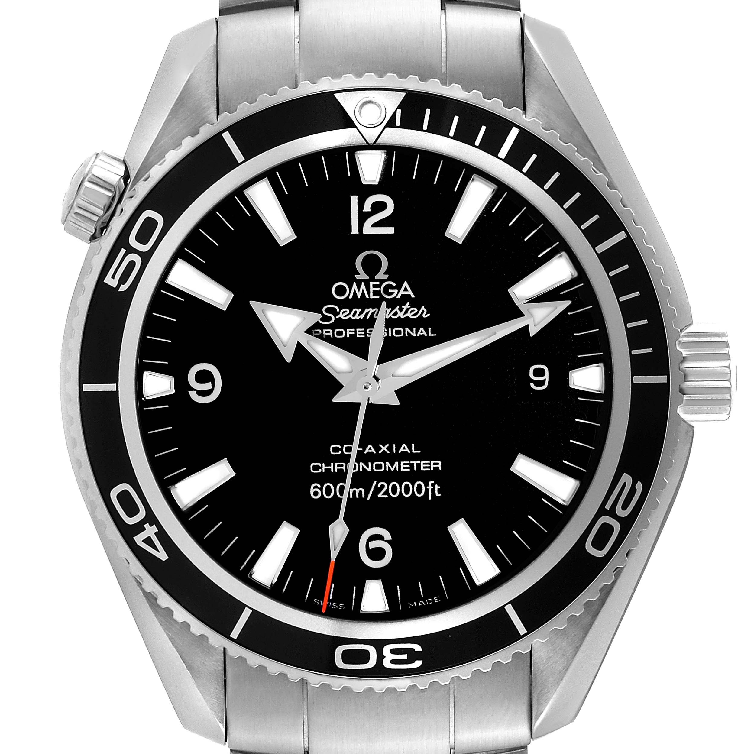 The image shows a front view of the Omega Seamaster Planet Ocean 600m watch, highlighting the face, bezel, and part of the bracelet.